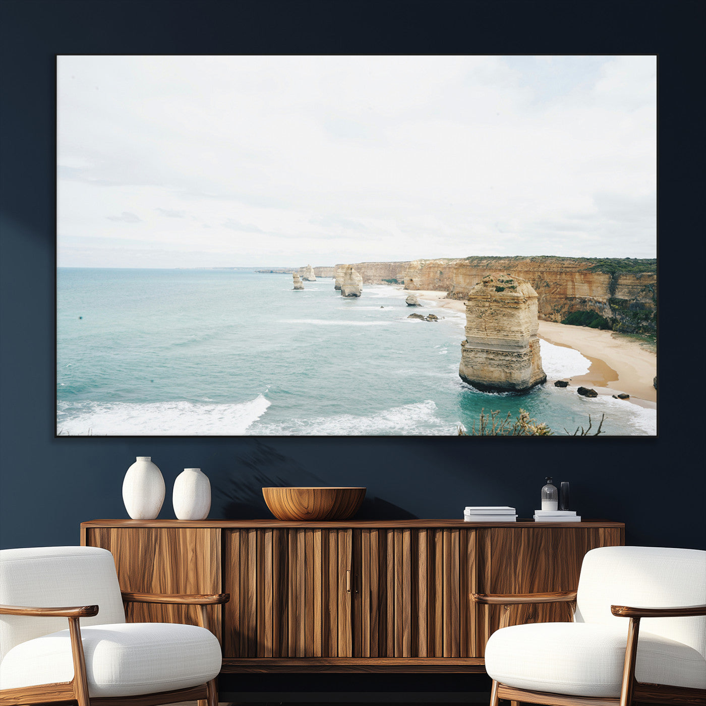 SEG-FC-51X34_Oversize - Twelve Apostles Wall Art Canvas Print, Framed Coastal Cliffs Art Picture Print, Rugged Rock Formations Perfect Minimalist Coastal Decor Artwork