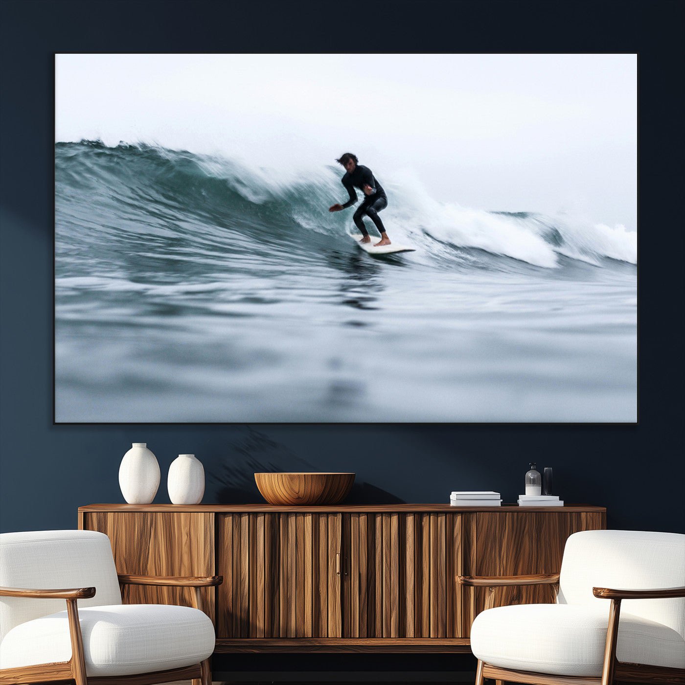 SEG-FC-51X34_Oversize - Surfer on Wave Wall Art Canvas Print, Framed Ocean Adventure Art Picture Print, Motion Blur Water Perfect Coastal Adventure Decor Artwork