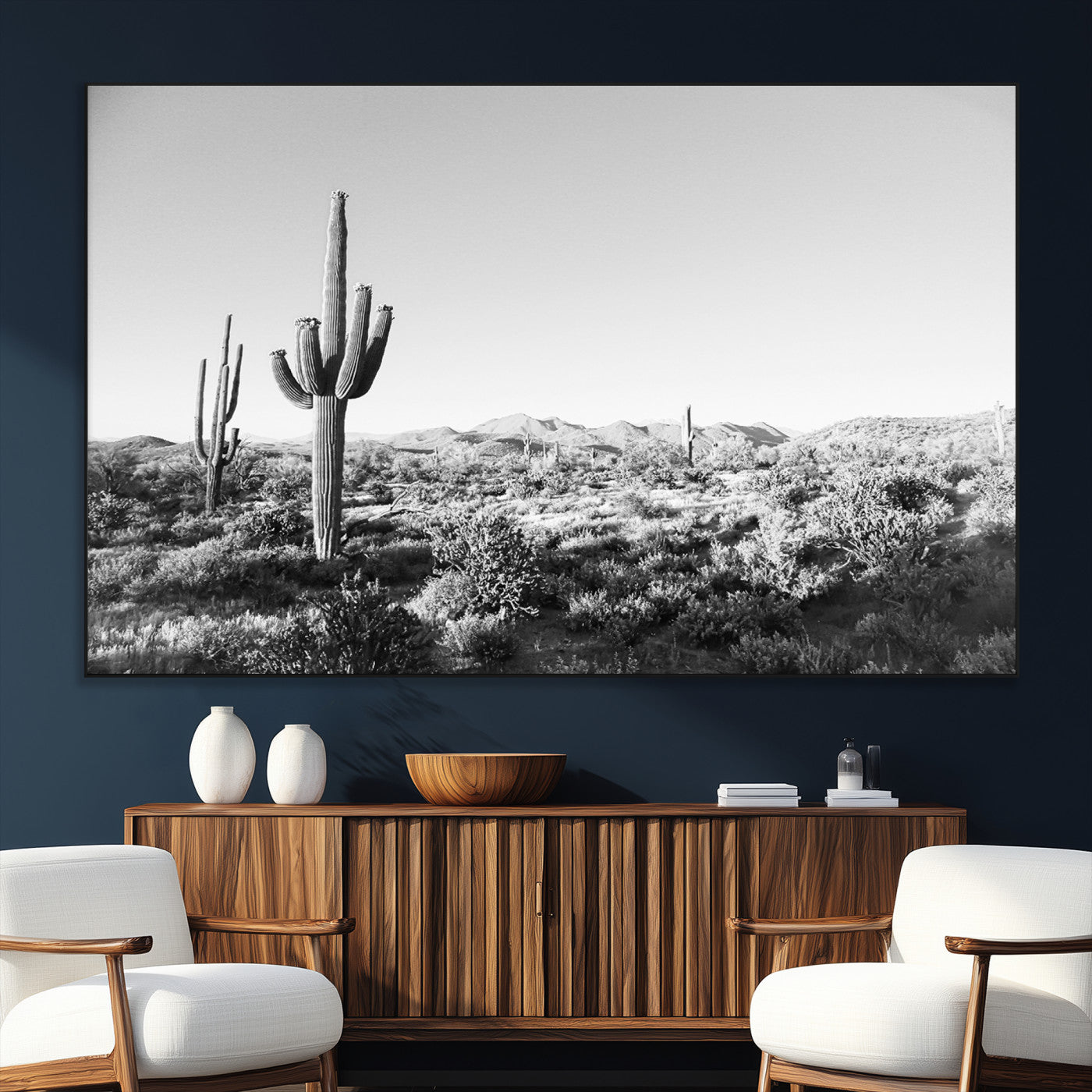 SEG-FC-51X34_Oversize - Saguaro Cactus Wall Art Canvas Print, Framed Monochrome Landscape Art Picture Print, Scenic Arizona View Perfect Minimalist Western Decor Artwork