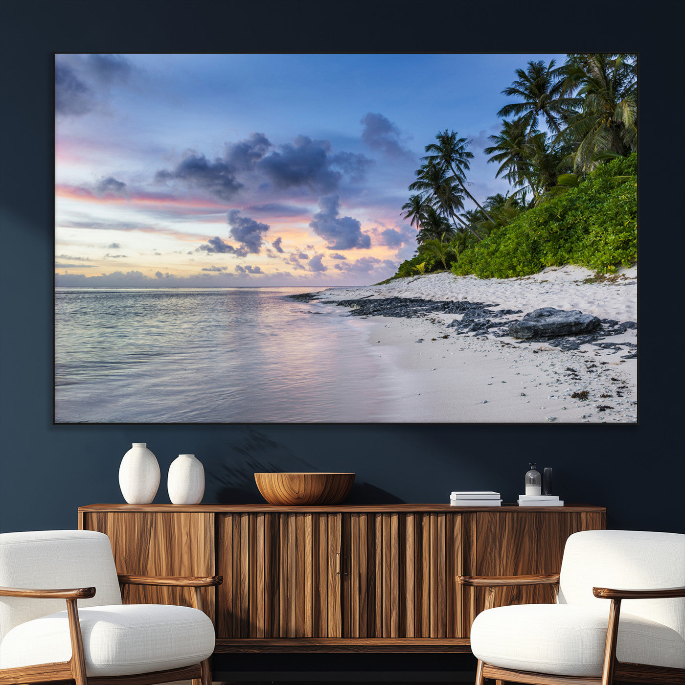 SEG-FC-51X34_Oversize - Tropical Beach Wall Art Canvas Print, Framed Sunset Glow Art Picture Print, Palm Tree Coast Perfect Tropical Coastal Decor Artwork