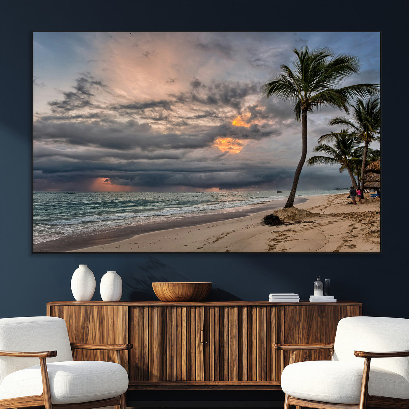 SEG-FC-51X34_Oversize - Tropical Storm Wall Art Canvas Print, Framed Moody Beach Art Picture Print, Dramatic Sky Perfect Tropical Coastal Decor Artwork