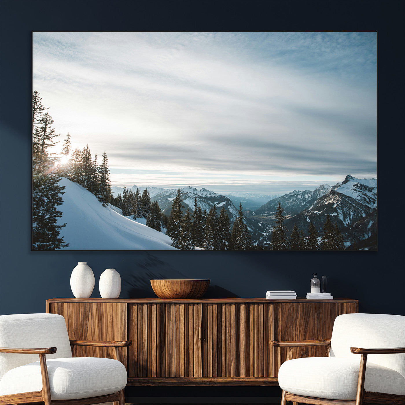 SEG-FC-51X34_Oversize - Snowy Mountains Wall Art Canvas Print, Framed Alpine Landscape Art Picture Print, Frosty Peaks Perfect Nordic Minimalist Decor Artwork