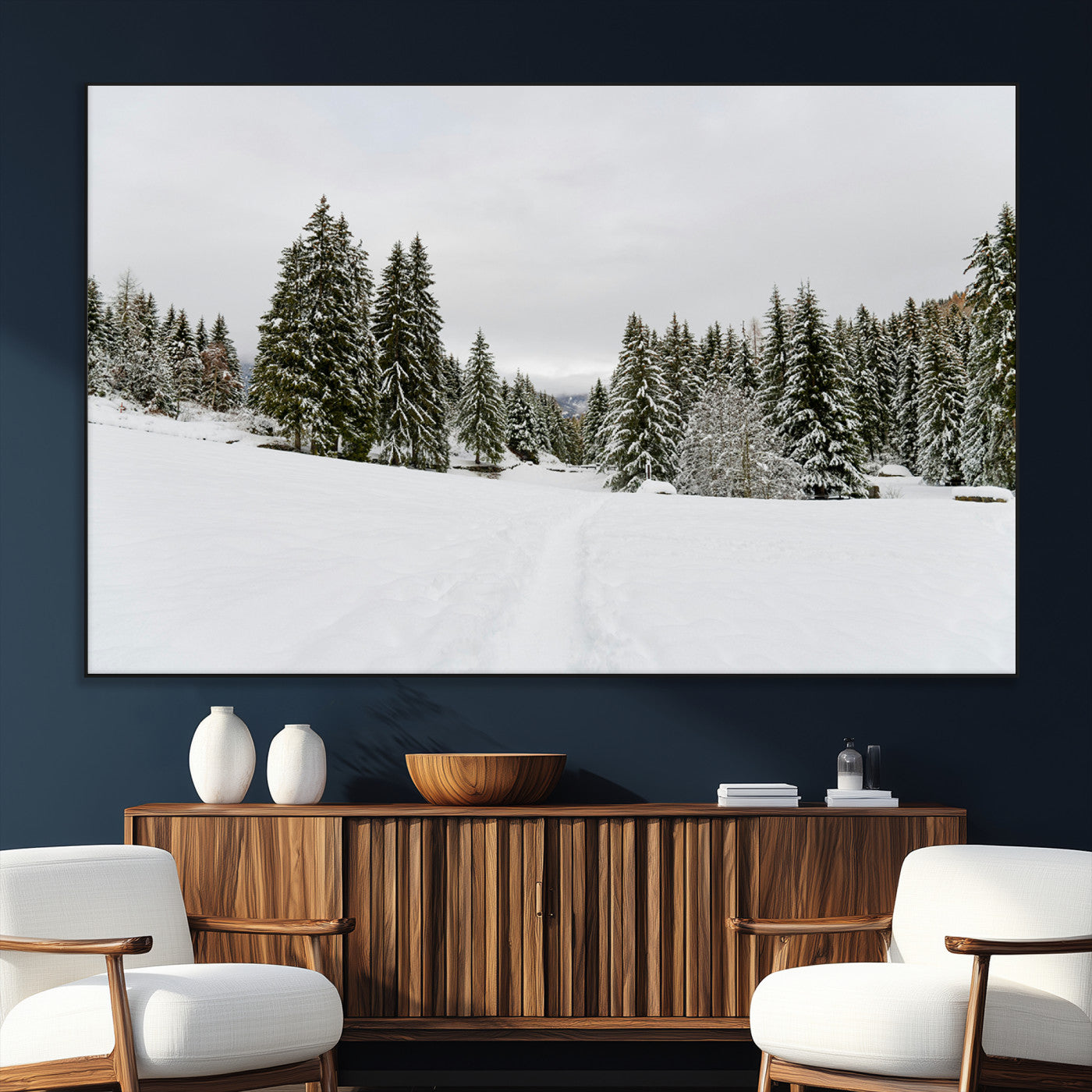 SEG-FC-51X34_Oversize - Frosty Pines Wall Art Canvas Print, Framed Silent Snowfall Art Picture Print, Cozy Cabin Vibes Perfect Nordic Minimalist Decor Artwork