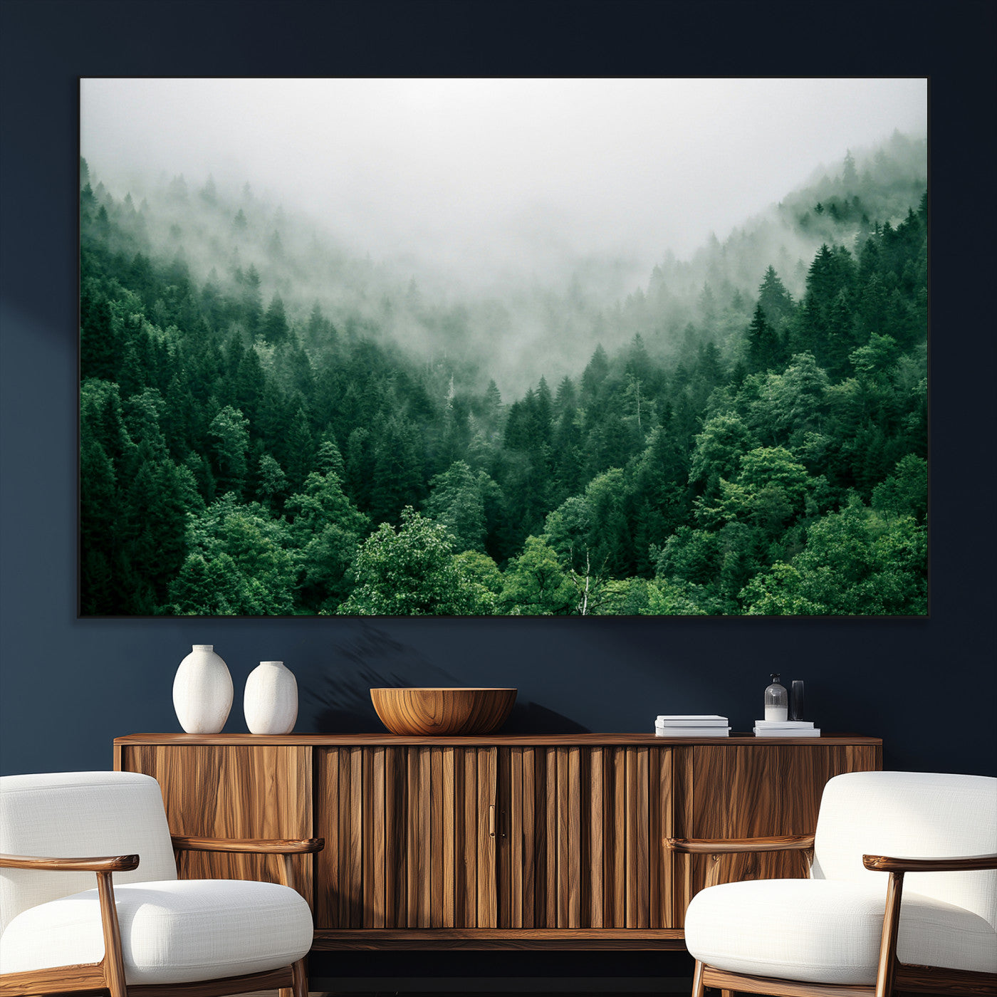 SEG-FC-51X34_Oversize - Misty Green Forest Canvas Print – Serene Foggy Pine Landscape Wall Art, Tranquil Nature Decor for
