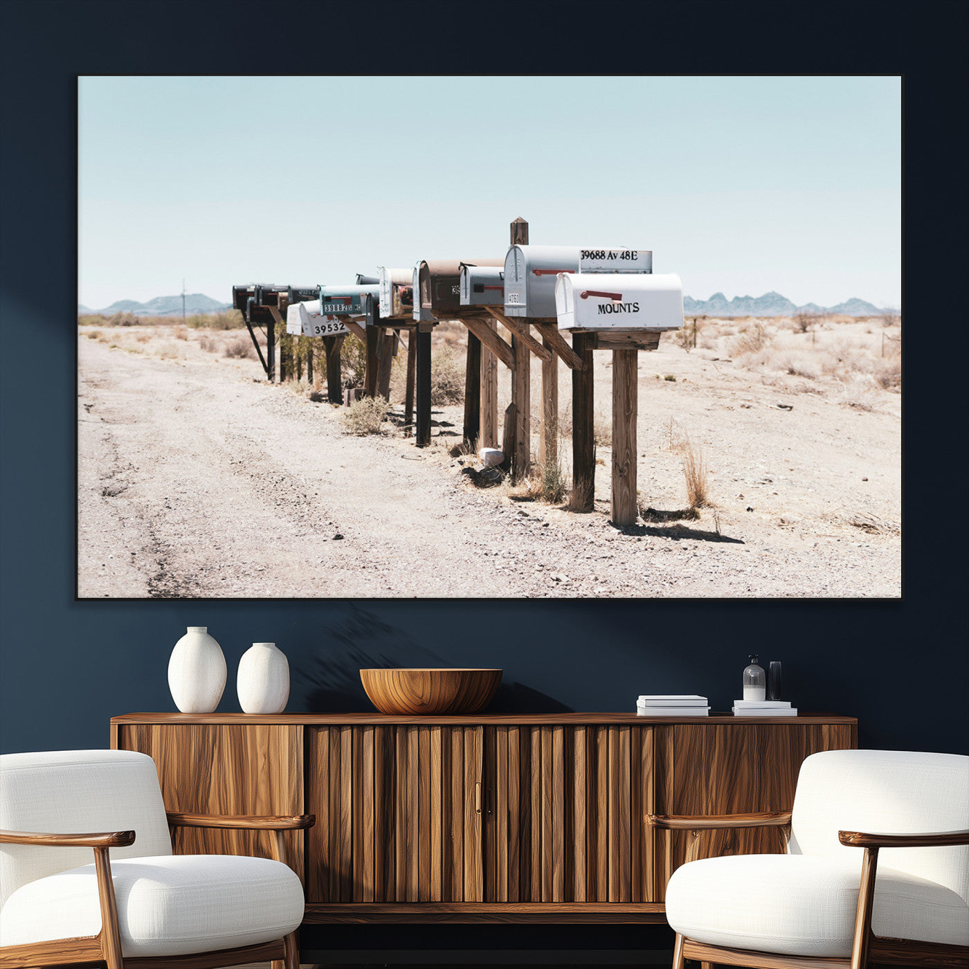 SEG-FC-51X34_Oversize - Desert Mailboxes Canvas Print – Minimal Western Landscape Photography, Rustic Americana Wall Art for