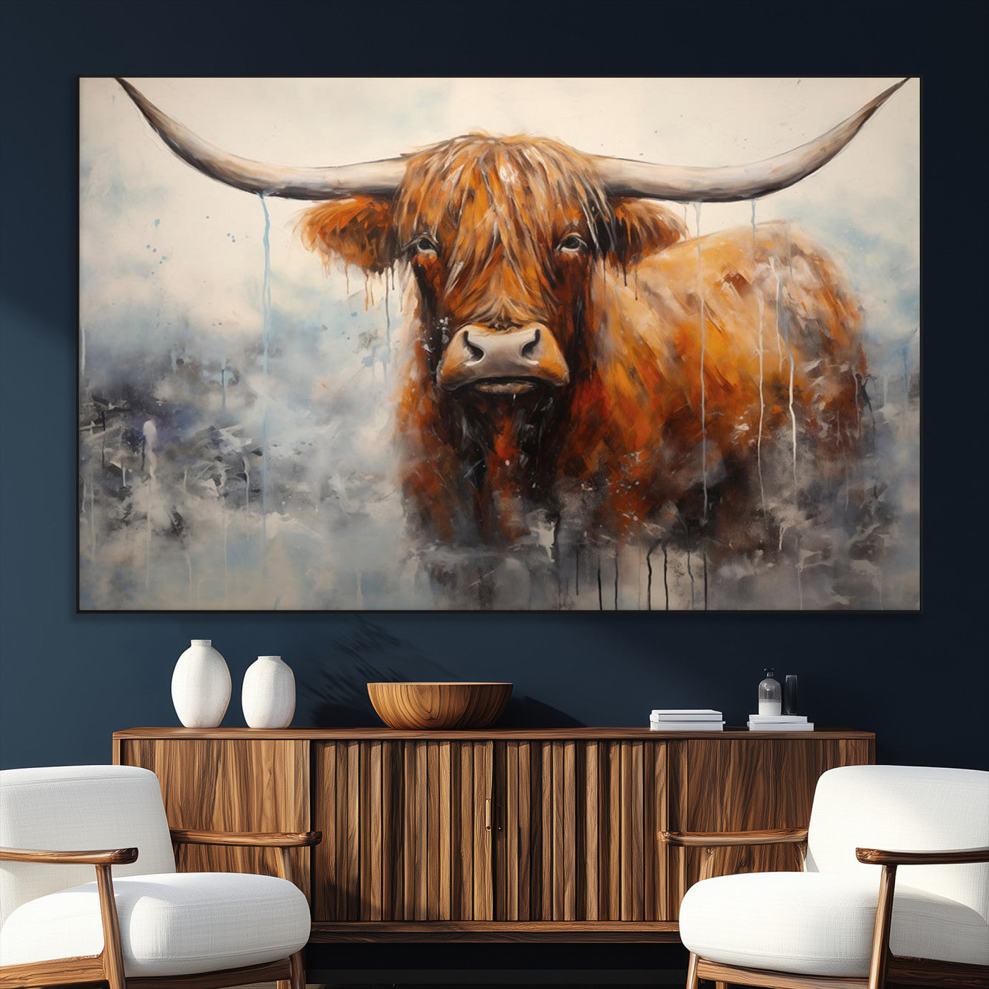 SEG-FC-51X34_Oversize - Scottish Highland Wall Art Canvas Print, Framed Longhorn Art Picture Print, Western Cow Perfect Farmhouse Decor Artwork