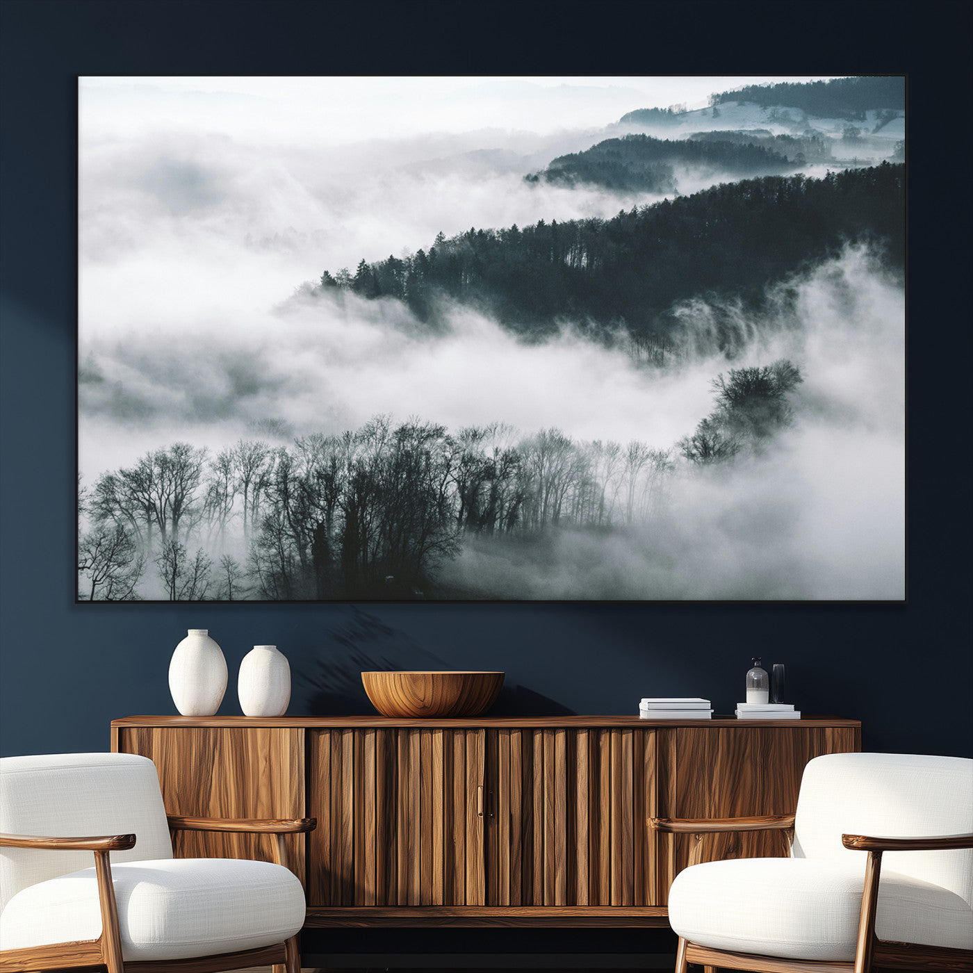 SEG-FC-51X34_Oversize - Foggy Forest Landscape Wall Art Canvas Print – Misty Mountain Valley Scene in Monochrome Tones,