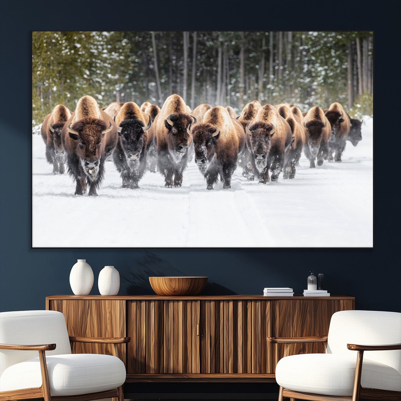 SEG-FC-51X34_Oversize - American Bison Herd in Snow Wall Art Canvas Print – Powerful Winter Wildlife Scene with Buffalo in