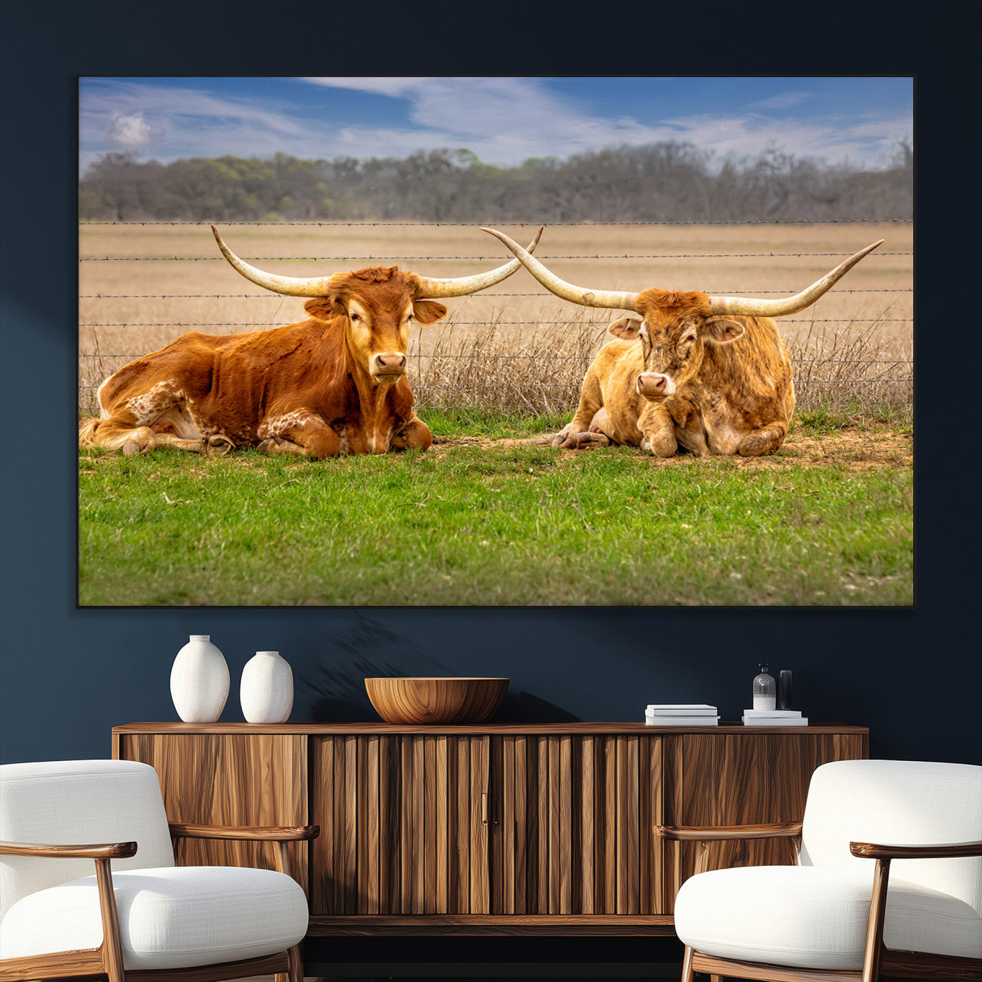 SEG-FC-51X34_Oversize - Texas Longhorn Pair Wall Art Canvas Print – Peaceful Rustic Ranch Scene with Two Cattle in Field,