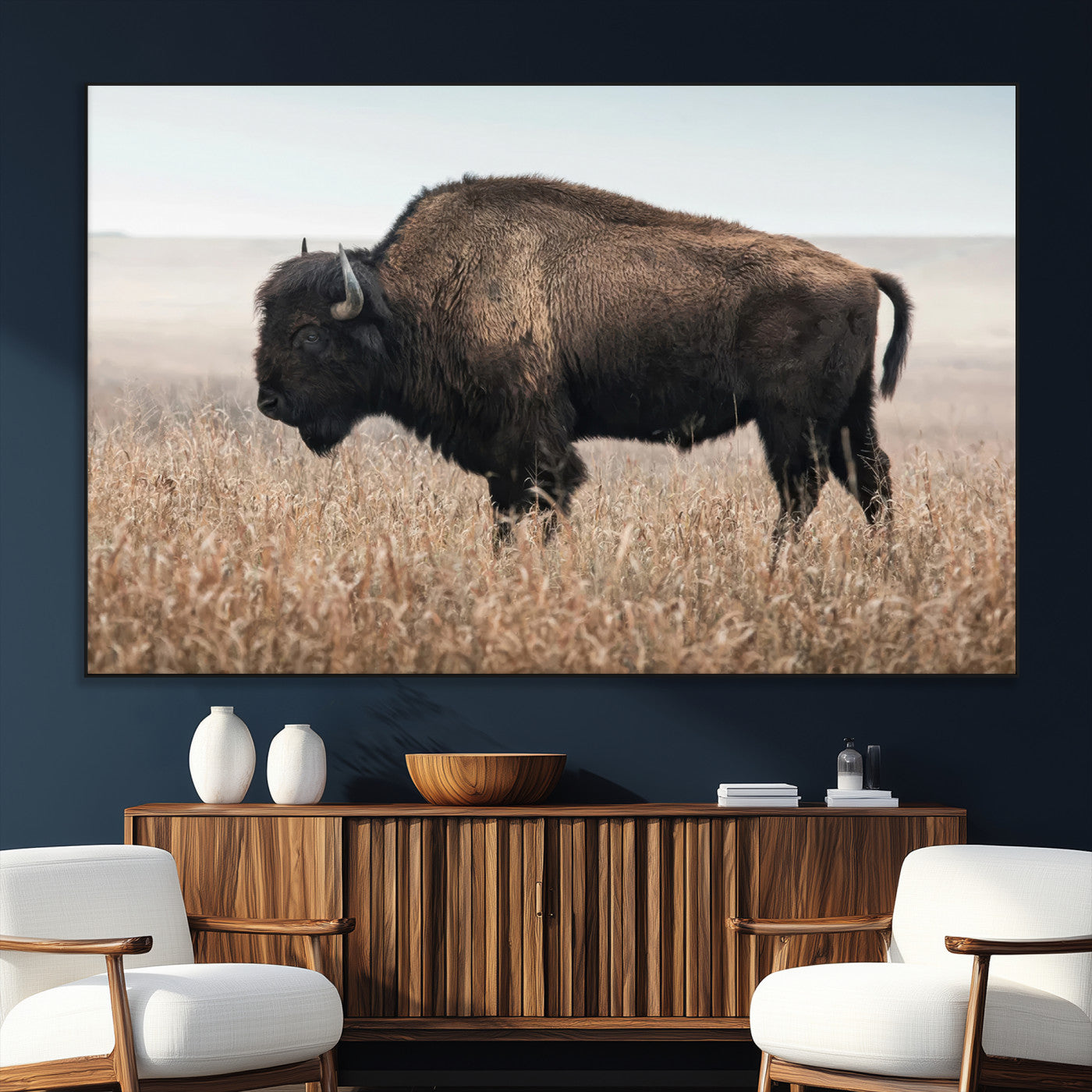 SEG-FC-51X34_Oversize - American Bison in Field  Wall Art Canvas Print – Powerful Winter Wildlife Scene with Buffalo in