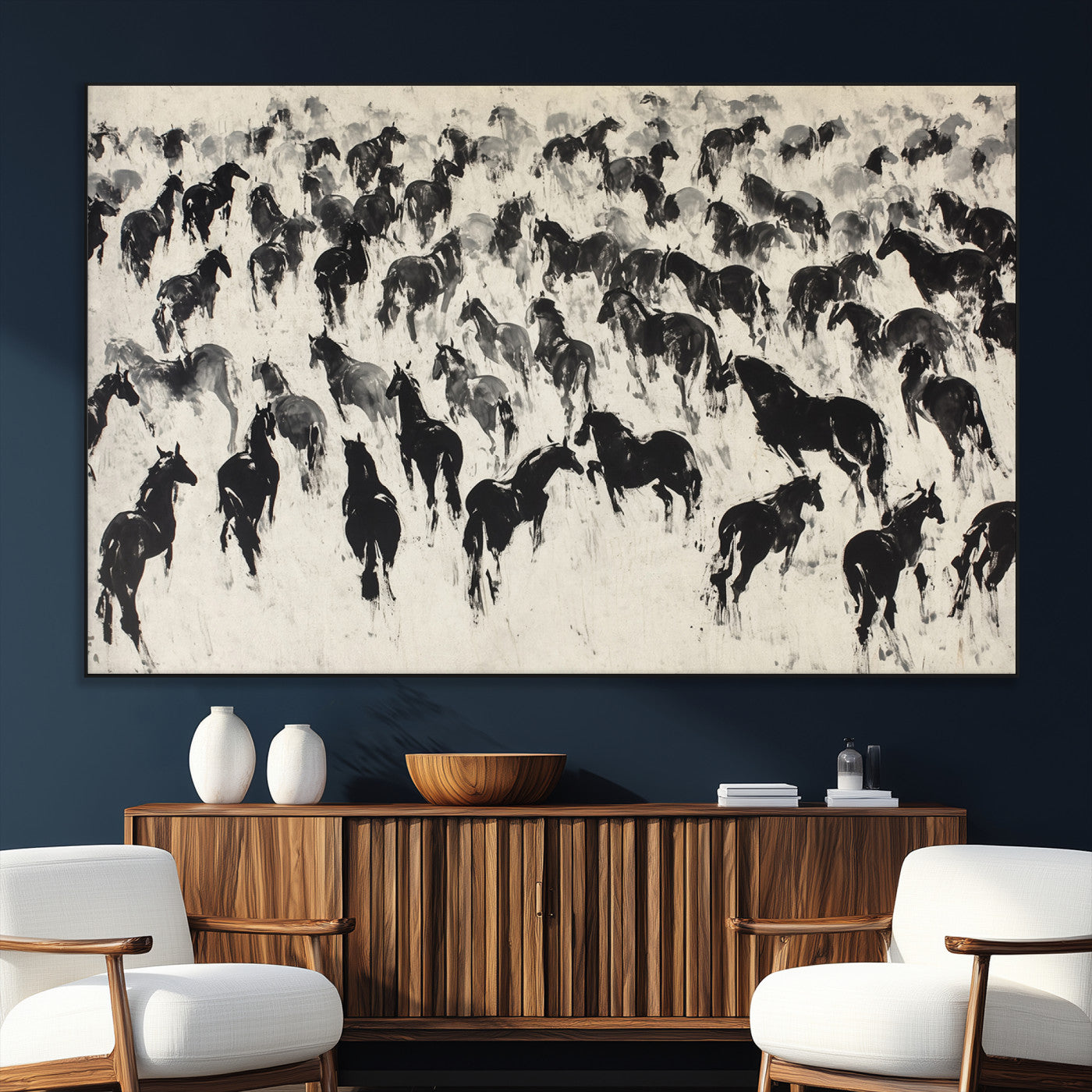SEG-FC-51X34_Oversize - Wild Horse Stampede Wall Art Canvas Print – Monochrome Ink Brush Painting of Running Horses, Perfect