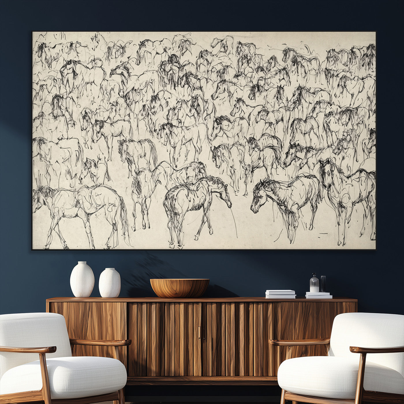 SEG-FC-51X34_Oversize - Wild Horse Stampede Wall Art Canvas Print – Monochrome Ink Brush Painting of Running Horses, Perfect