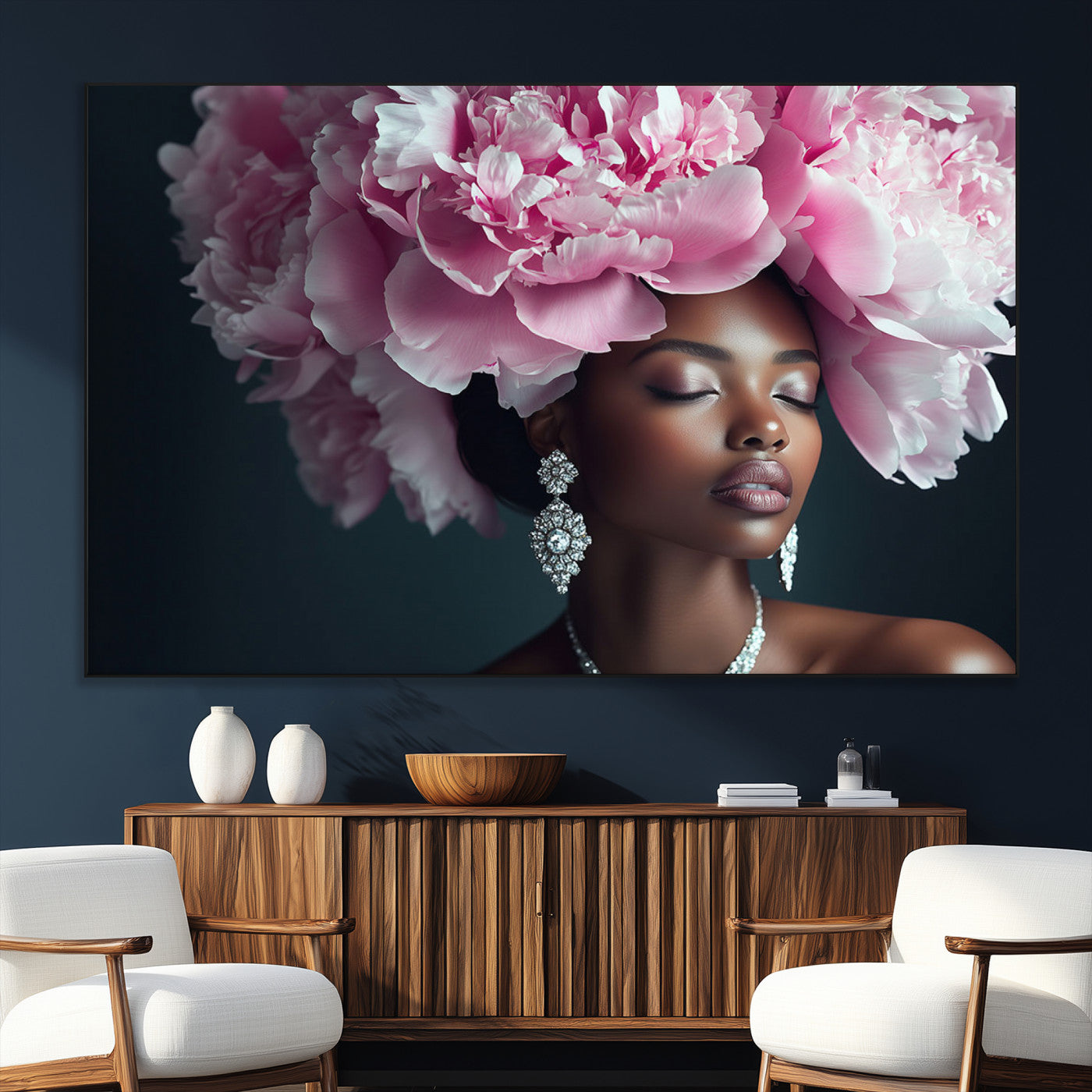 SEG-FC-51X34_Oversize - Black Beauty Petal Crown Wall Art Print Floral Petal Headpiece, Petal-Inspired Art, Floral Crown