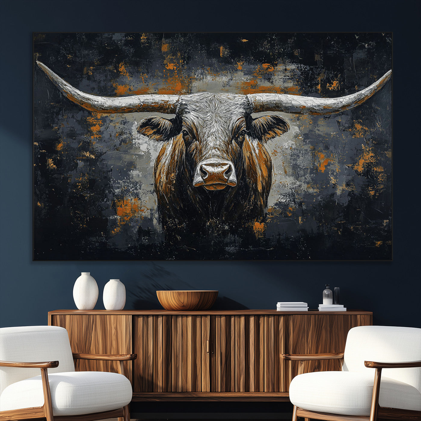 Rustic Longhorn Bull Wall Art Canvas Print – Vintage Western Cattle Painting, Texas Steer Artwork for Ranch, Farmhouse or Cowboy Decor