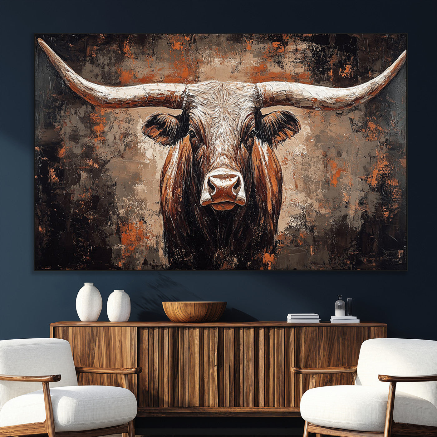 SEG-FC-51X34_Oversize - Rustic Longhorn Bull Wall Art Canvas Print – Vintage Western Cattle Painting, Texas Steer Artwork