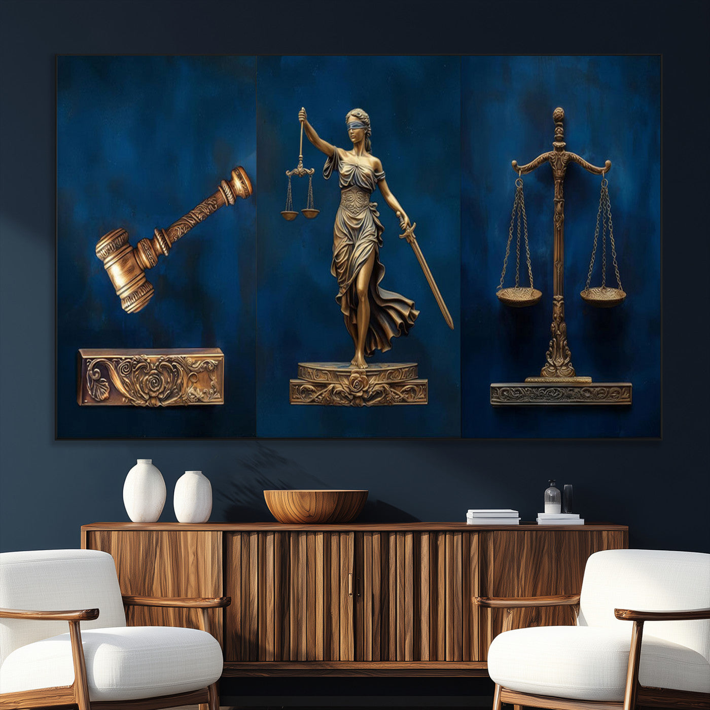 SEG-FC-51X34_Oversize - Lady Justice Wall Art Canvas Print – Elegant Gold Legal Symbols on Blue Background, Perfect for Law