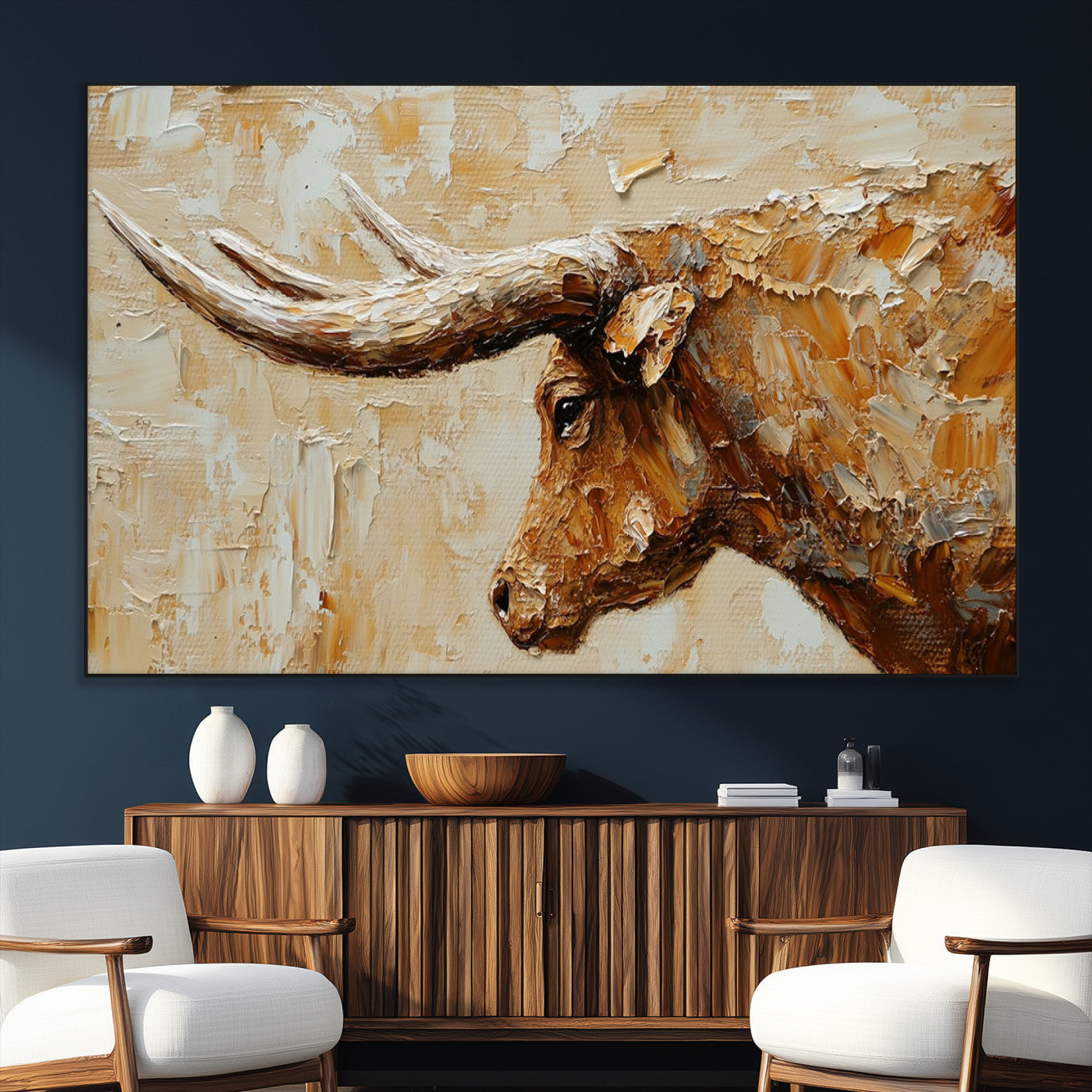 SEG-FC-51X34_Oversize - Rustic Longhorn Bull Wall Art Canvas Print – Vintage Western Cattle Painting, Texas Steer Artwork