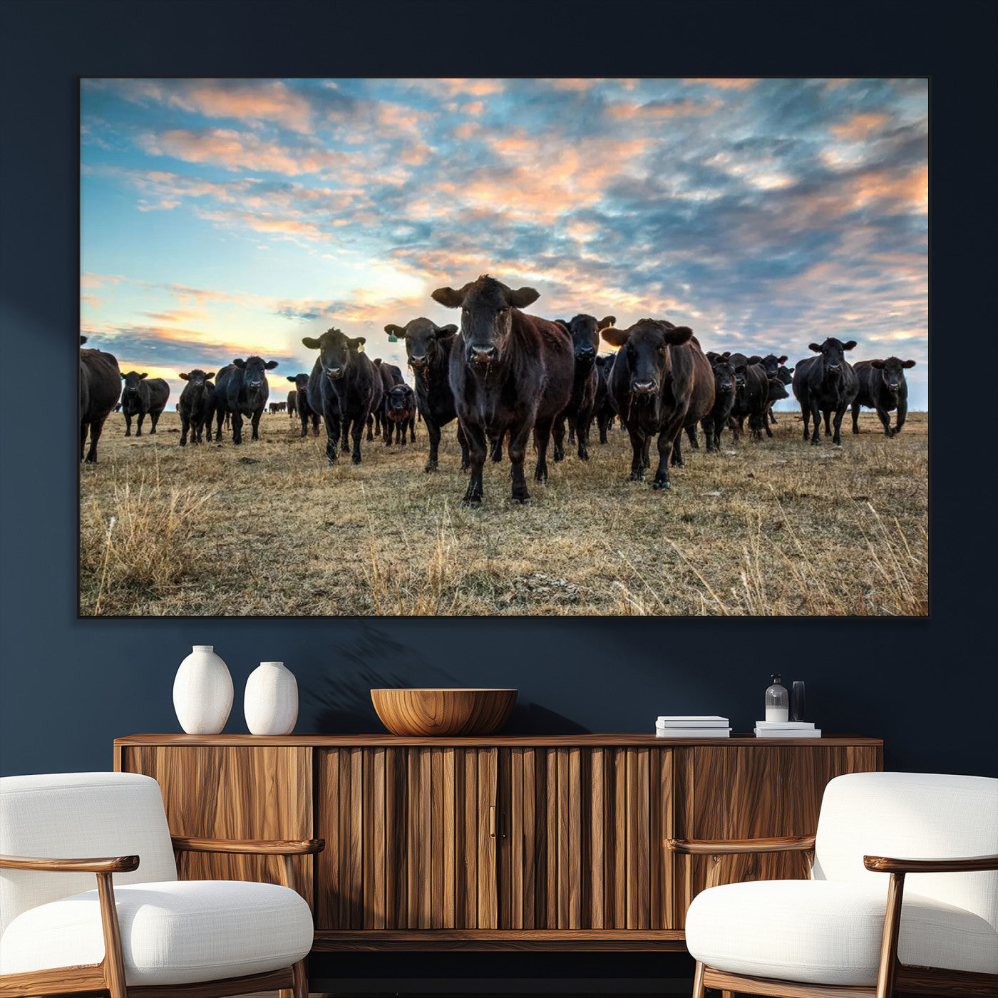 SEG-FC-51X34_Oversize - Texas Longhorn Cattle Wall Art Canvas Print – Rustic Western Ranch Scene with Steers at Sunset,