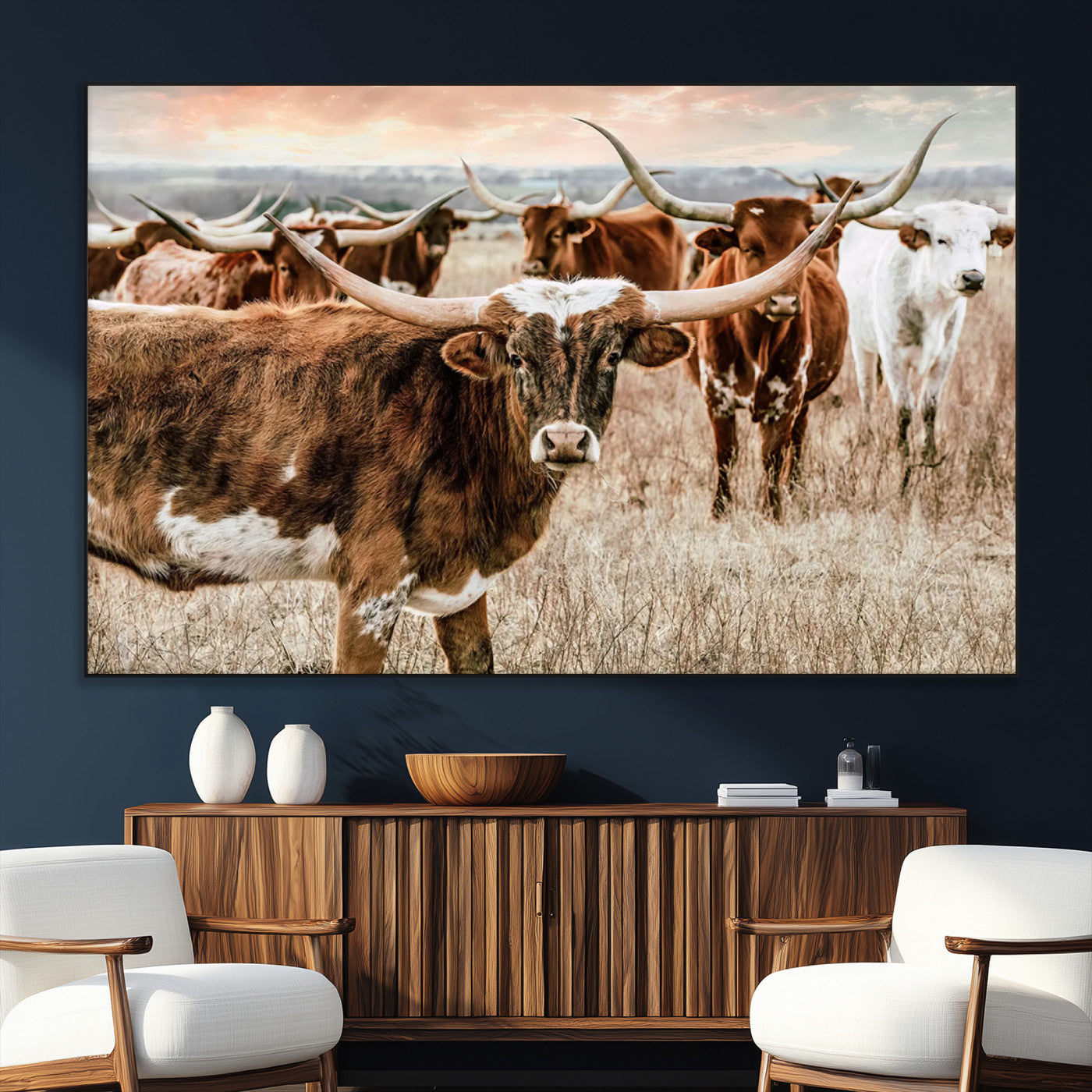 SEG-FC-51X34_Oversize - Texas Longhorn Cattle Wall Art Canvas Print – Rustic Western Ranch Scene with Steers at Sunset,