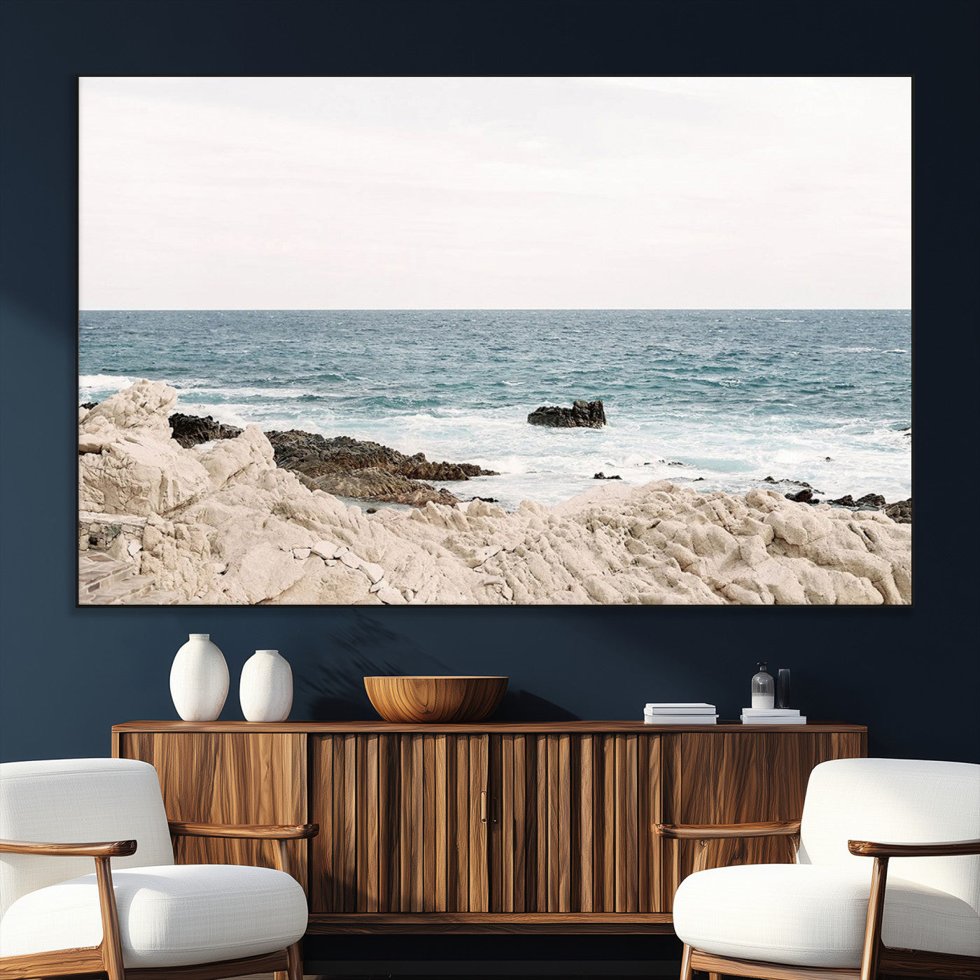 SEG-FC-51X34_Oversize - Coastal Ocean View Wall Art Canvas Print – Serene Rocky Shoreline and Blue Sea Photography for