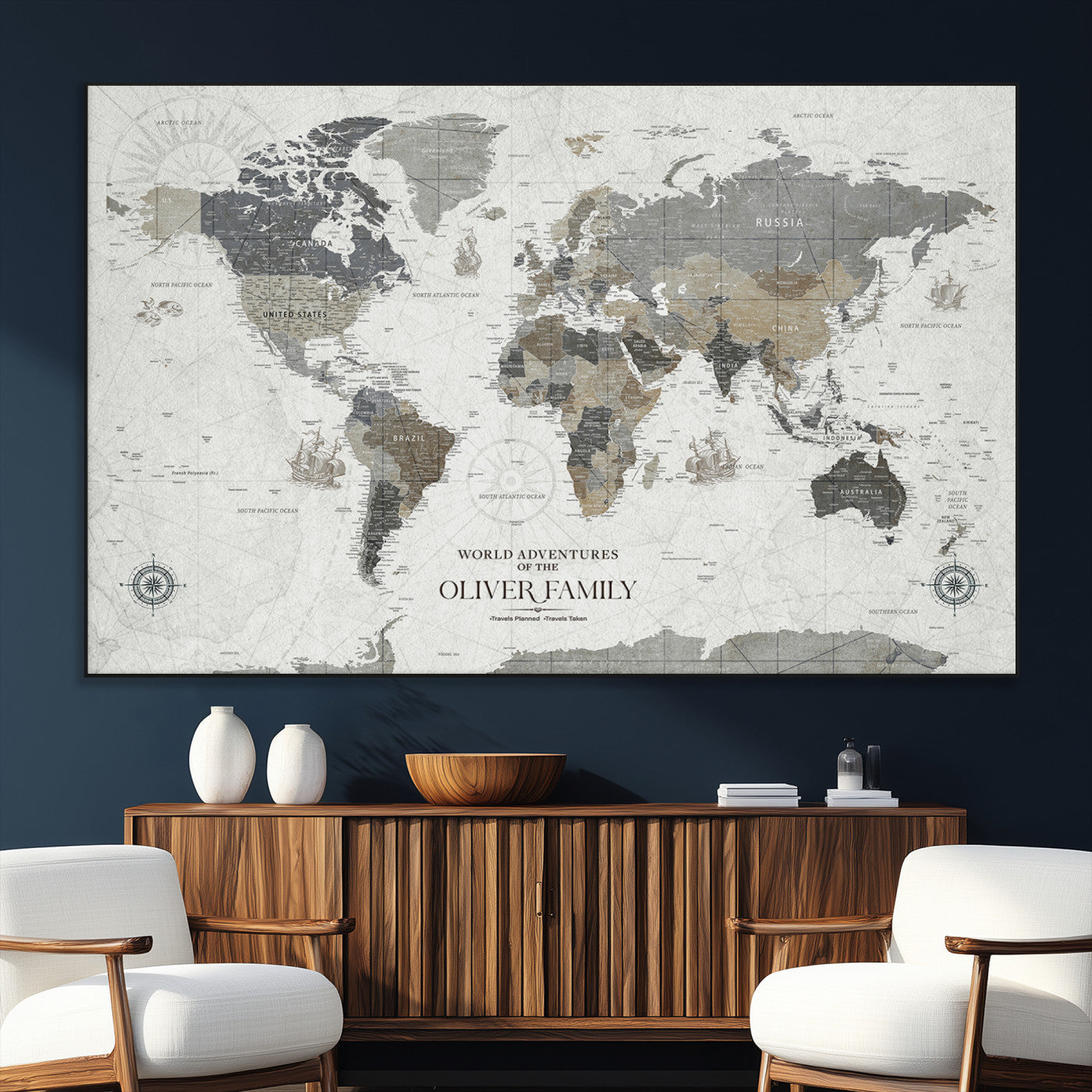 SEG-FC-51X34_Oversize - Custom Push Pin World Map Wall Canvas Print – Personalized Travel Tracker with Pins – Framed Large Multi-Size Canvas for Home Office Decor