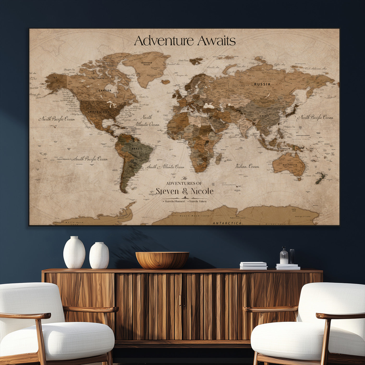 SEG-FC-51X34_Oversize - Custom Push Pin World Map Wall Canvas Print – Personalized Travel Tracker with Pins – Framed Custom Quotie Canvas for Home Office Decor