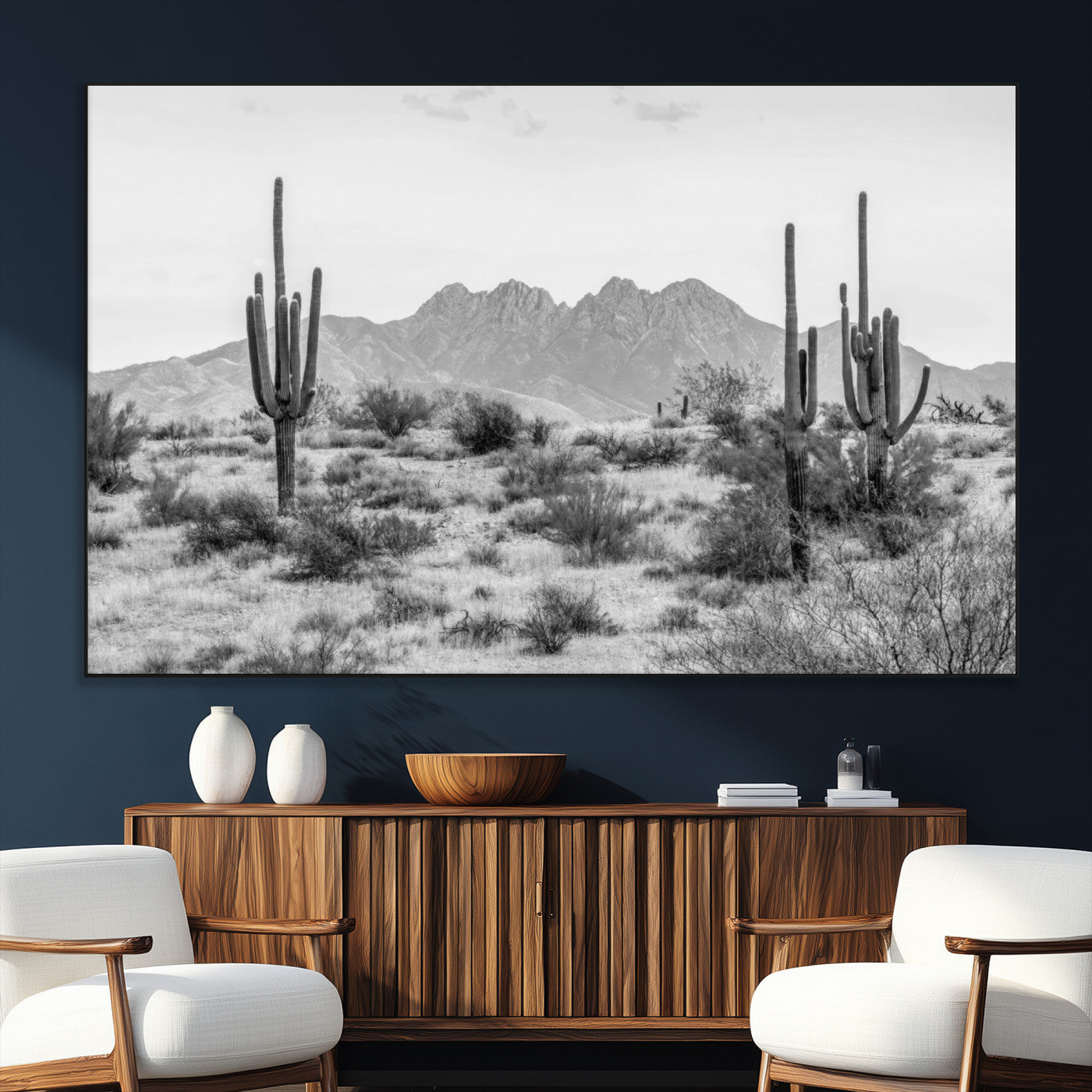 SEG-FC-51X34_Oversize - Black White Arizona Desert Canvas Wall Art Cactus Farmhouse Wall Art