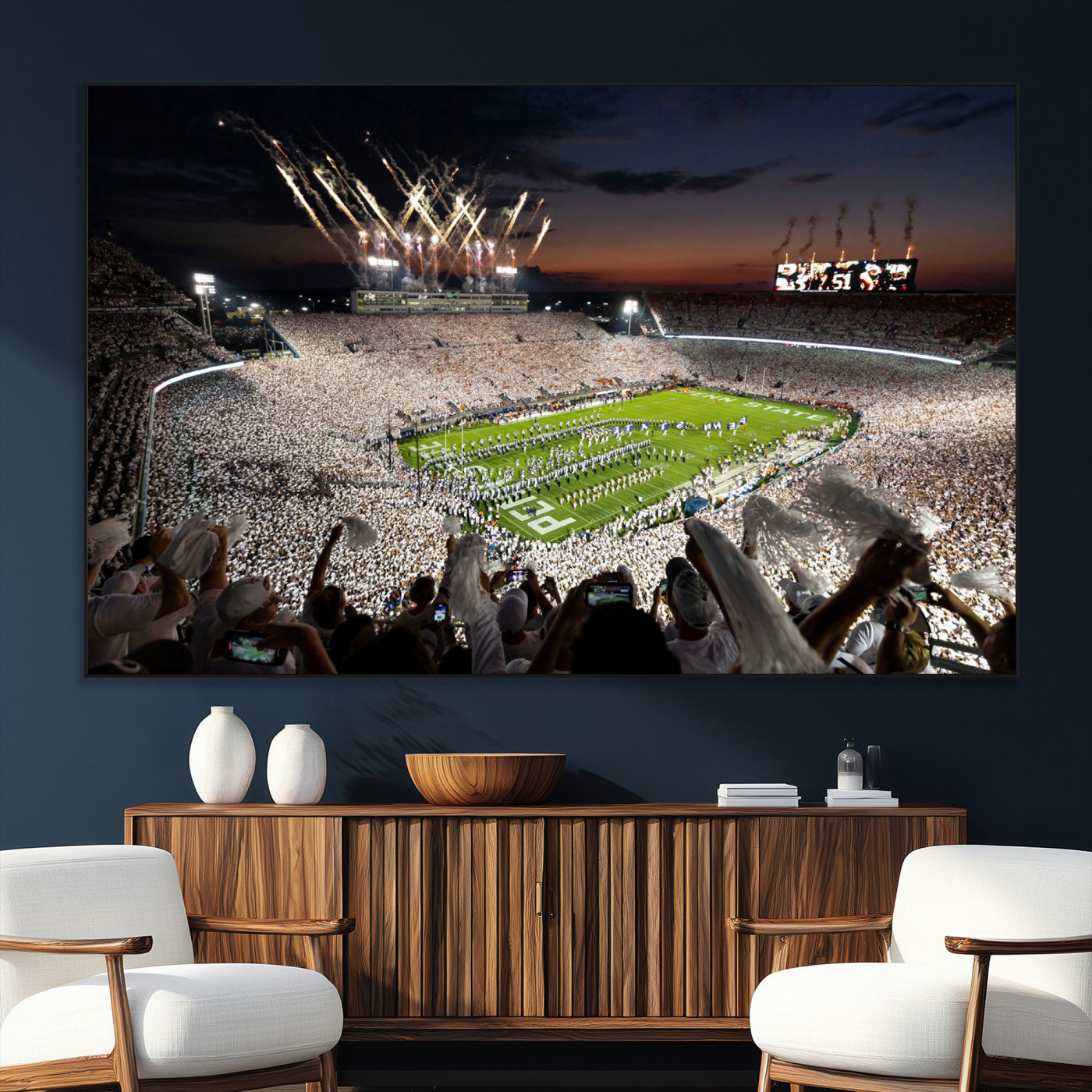 SEG-FC-51X34_Oversize - Penn State Stadium Wall Art Print, White Out Football Game Canvas Wall Art, Framed Sports Stadium,