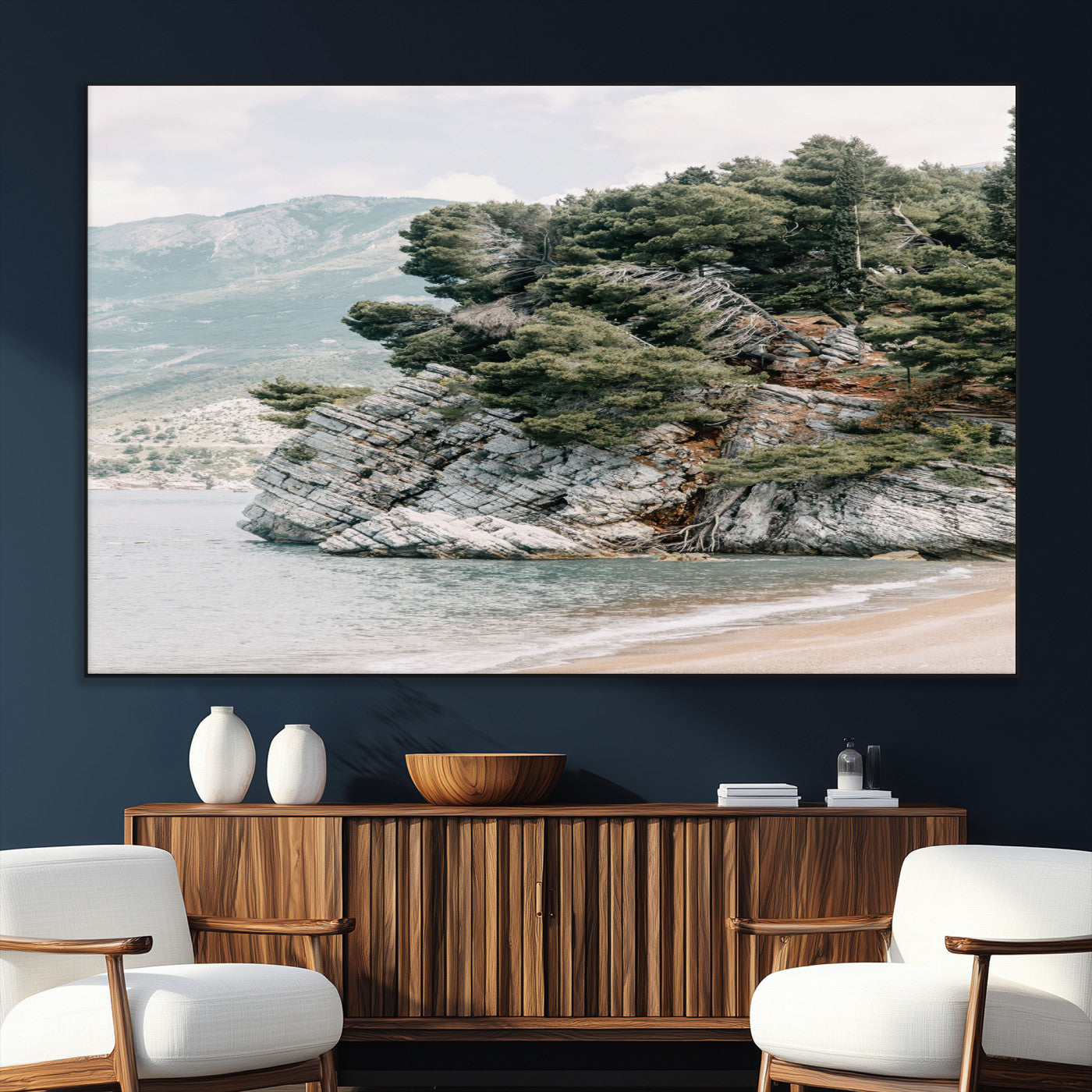 SEG-FC-51X34_Oversize - Coastal Rock Canvas Wall Art Print, Scenic Beach Landscape, Pine Trees on Rocky Cliff, Large Nature
