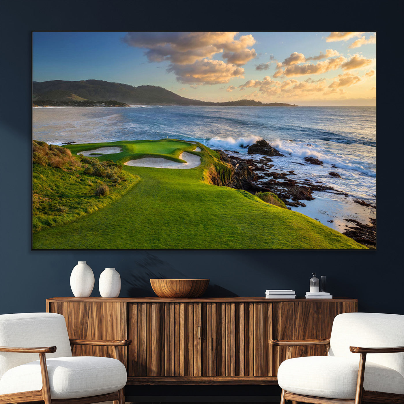 SEG-FC-51X34_Oversize - Stunning Coastal Golf Course at Sunset with Rolling Green Fairways and Ocean Waves – Perfect Wall