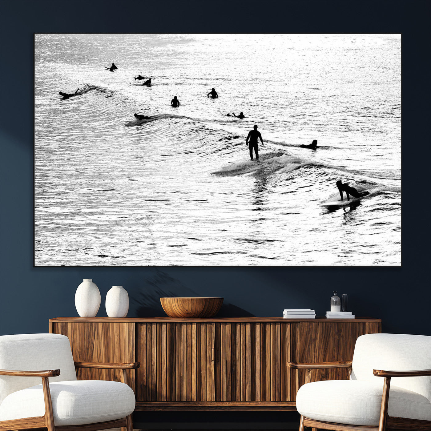 SEG-FC-51X34_Oversize - Black and White Surfers Riding Gentle Ocean Waves – Minimalist Coastal Photography Wall Art Canvas