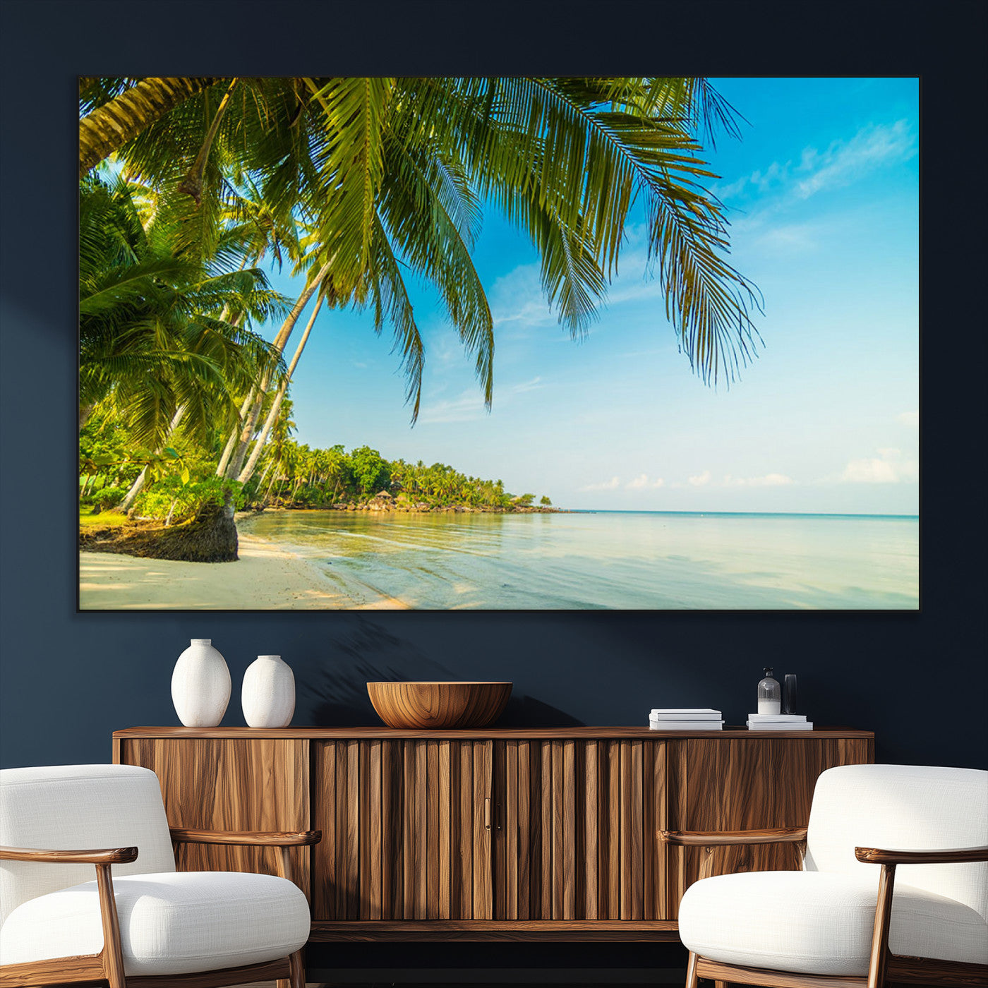 SEG-FC-51X34_Oversize - Peaceful Tropical Beach with Palm Trees and Calm Blue Sea – Serene Coastal Wall Art Canvas Print for