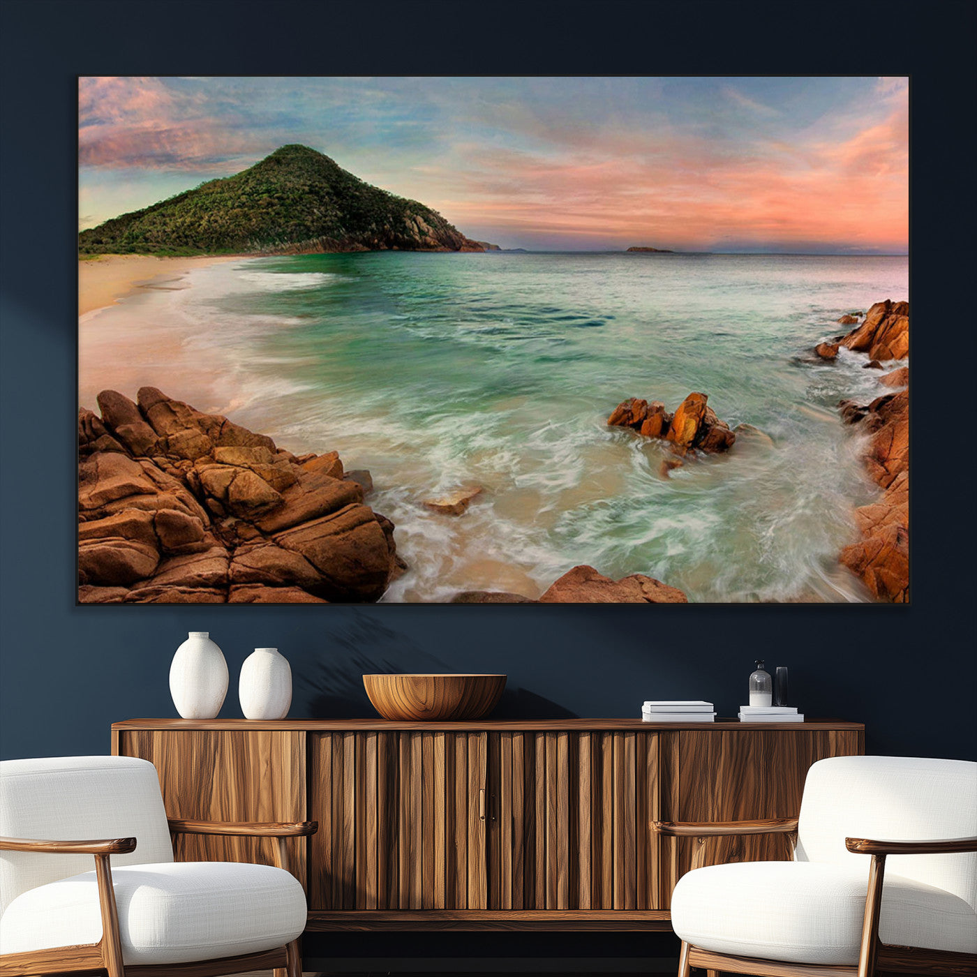 SEG-FC-51X34_Oversize - Stunning Coastal Landscape with Rocky Shore and Green Hills at Sunset – Beautiful Ocean View Wall
