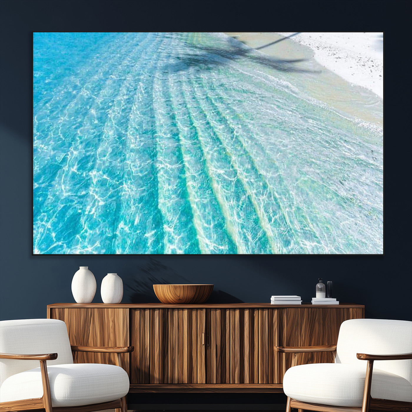SEG-FC-51X34_Oversize - Crystal Clear Shallow Ocean Water with Sunlight Reflections and Palm Tree Shadow on Sandy Beach –
