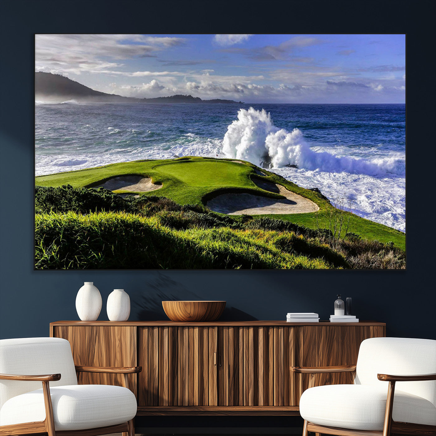 SEG-FC-51X34_Oversize - Dramatic Ocean Waves Crashing Against Rocky Coastline Near a Green Golf Course – Stunning Wall Art