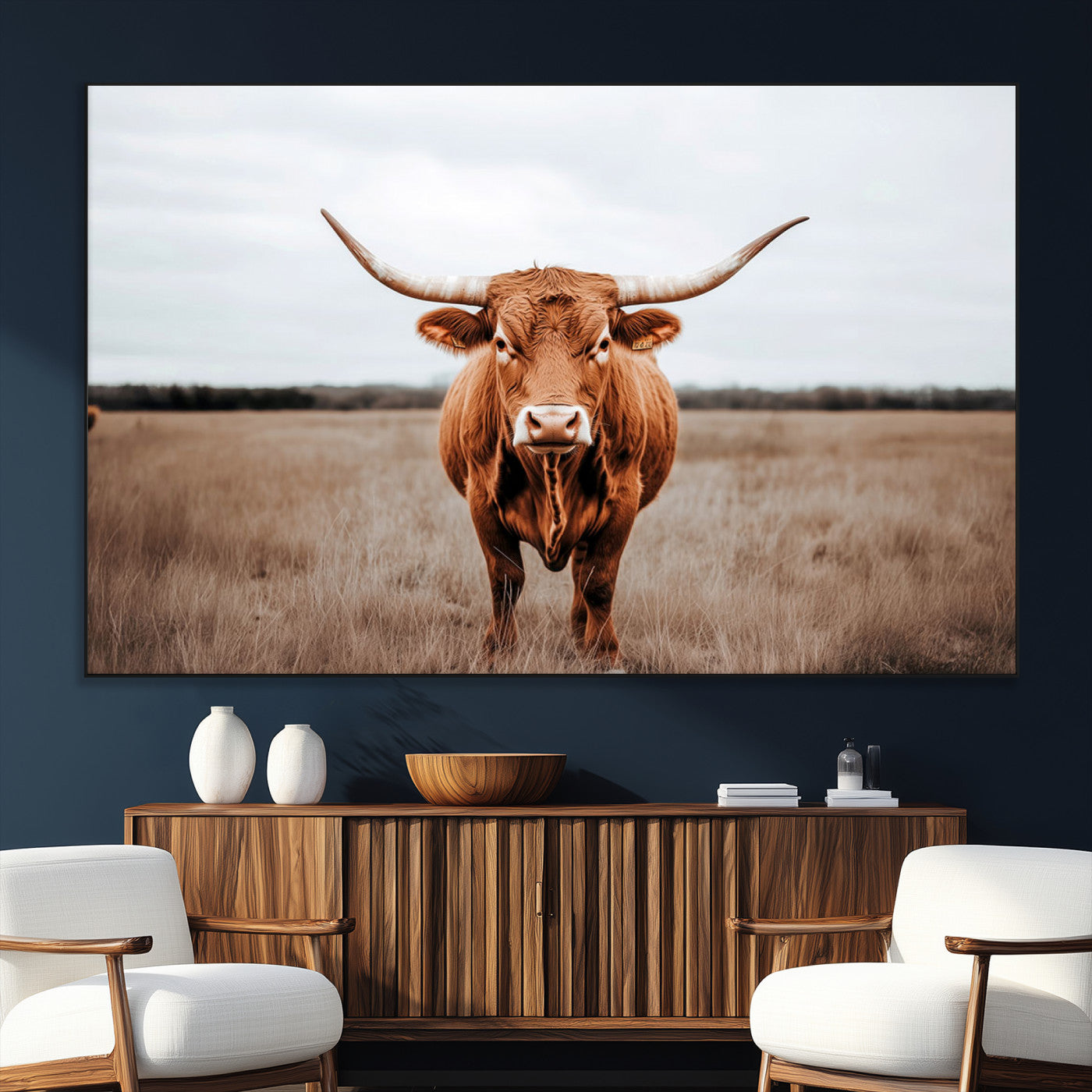 SEG-FC-51X34_Oversize - Longhorn bull, open field, rustic charm, natural beauty, Wall Art Canvas Print, countryside,