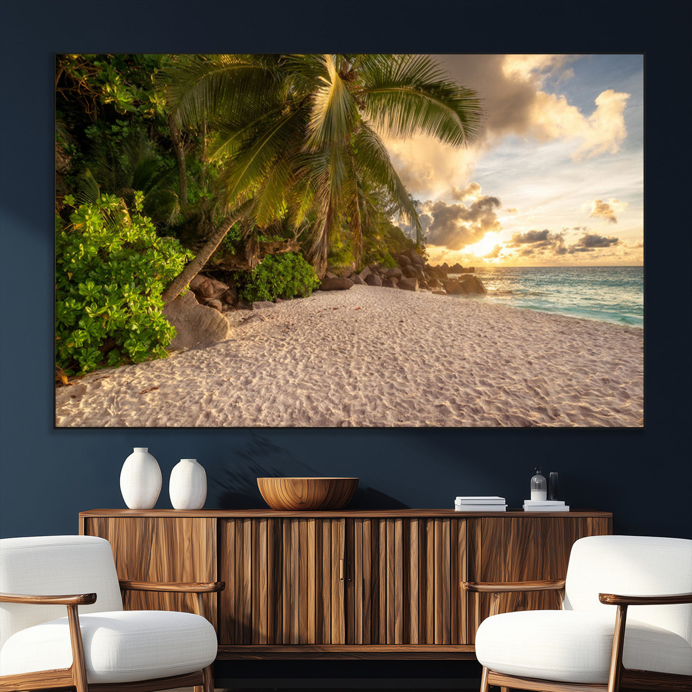 SEG-FC-51X34_Oversize - Tropical beach sunset, palm trees, white sand, ocean waves, golden sky, serene landscape, nature