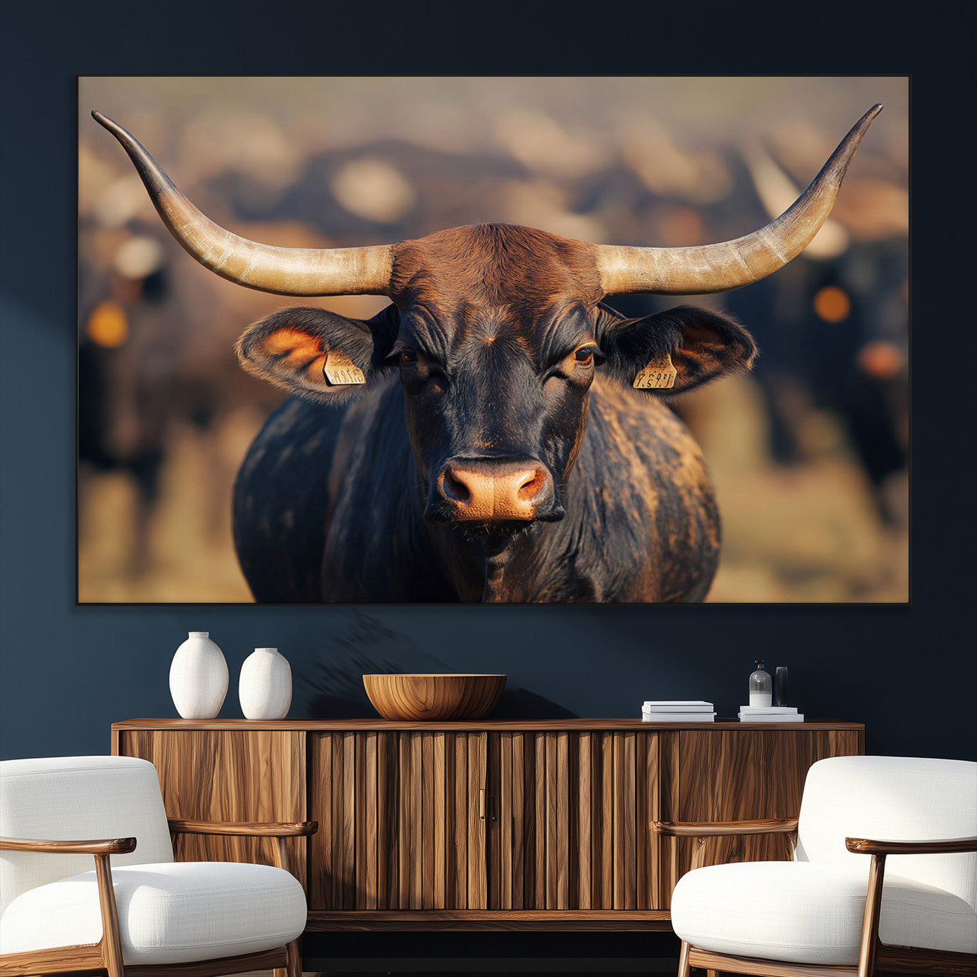 SEG-FC-51X34_Oversize - Majestic bull head close-up, long curved horns, detailed fur texture, warm sunlight, focused gaze,