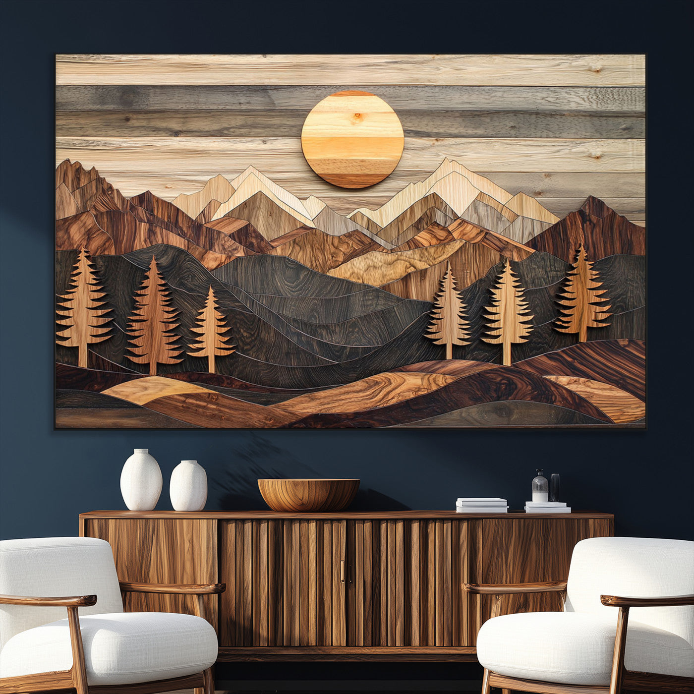 SEG-FC-51X34_Oversize - Wooden mountain landscape layered texture geometric shapes sun pine trees rustic natural tones Wall