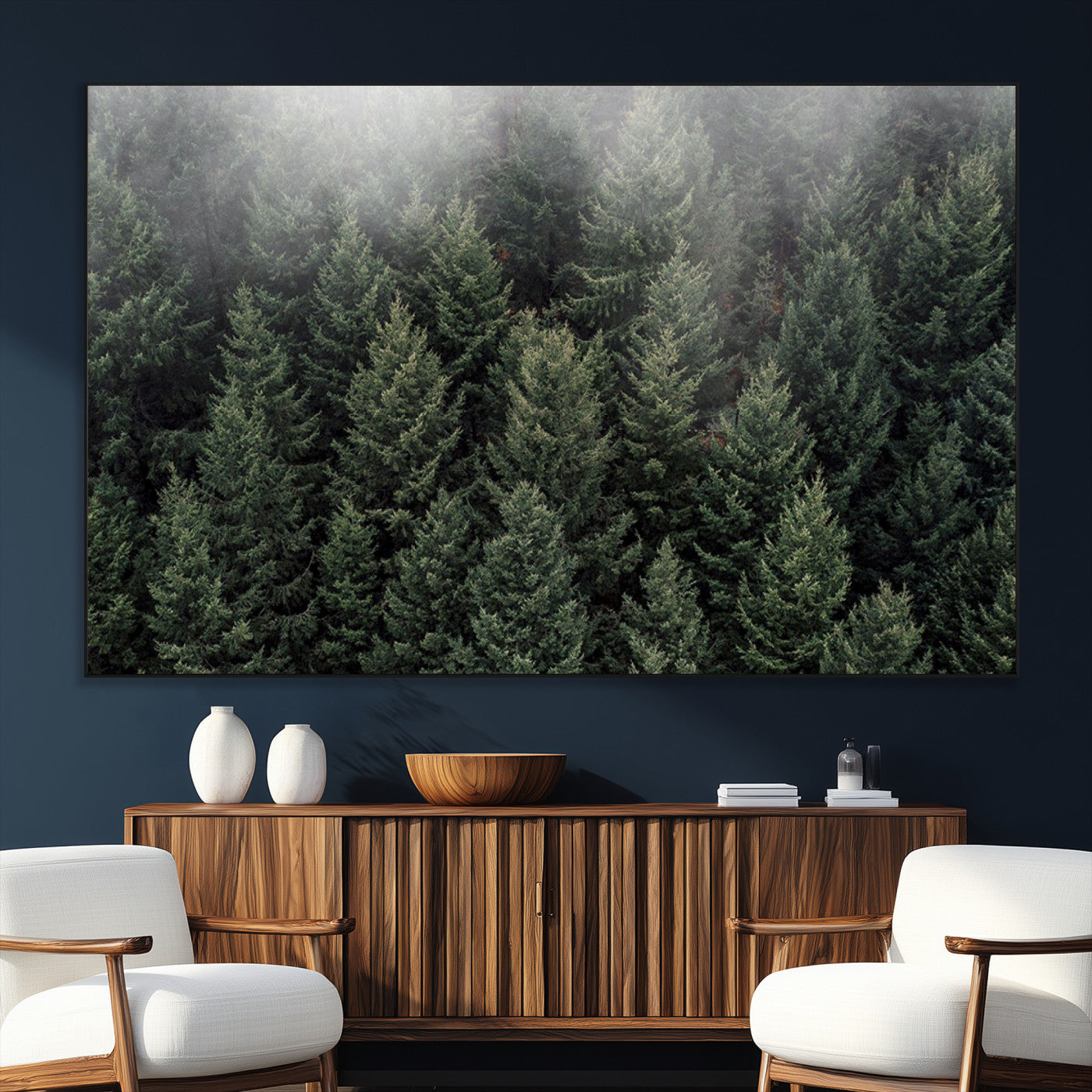SEG-FC-51X34_Oversize - Dense Evergreen Forest Misty Morning Fog Pine Trees Woodland Nature Landscape Calm Peaceful Scenic