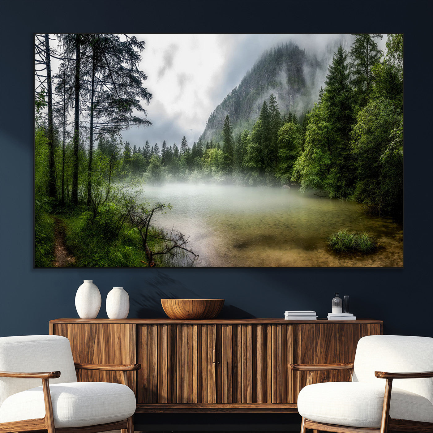 SEG-FC-51X34_Oversize - Misty Lake Forest Green Trees Calm Water Reflection Mountain Fog Nature Landscape Outdoor Scenic