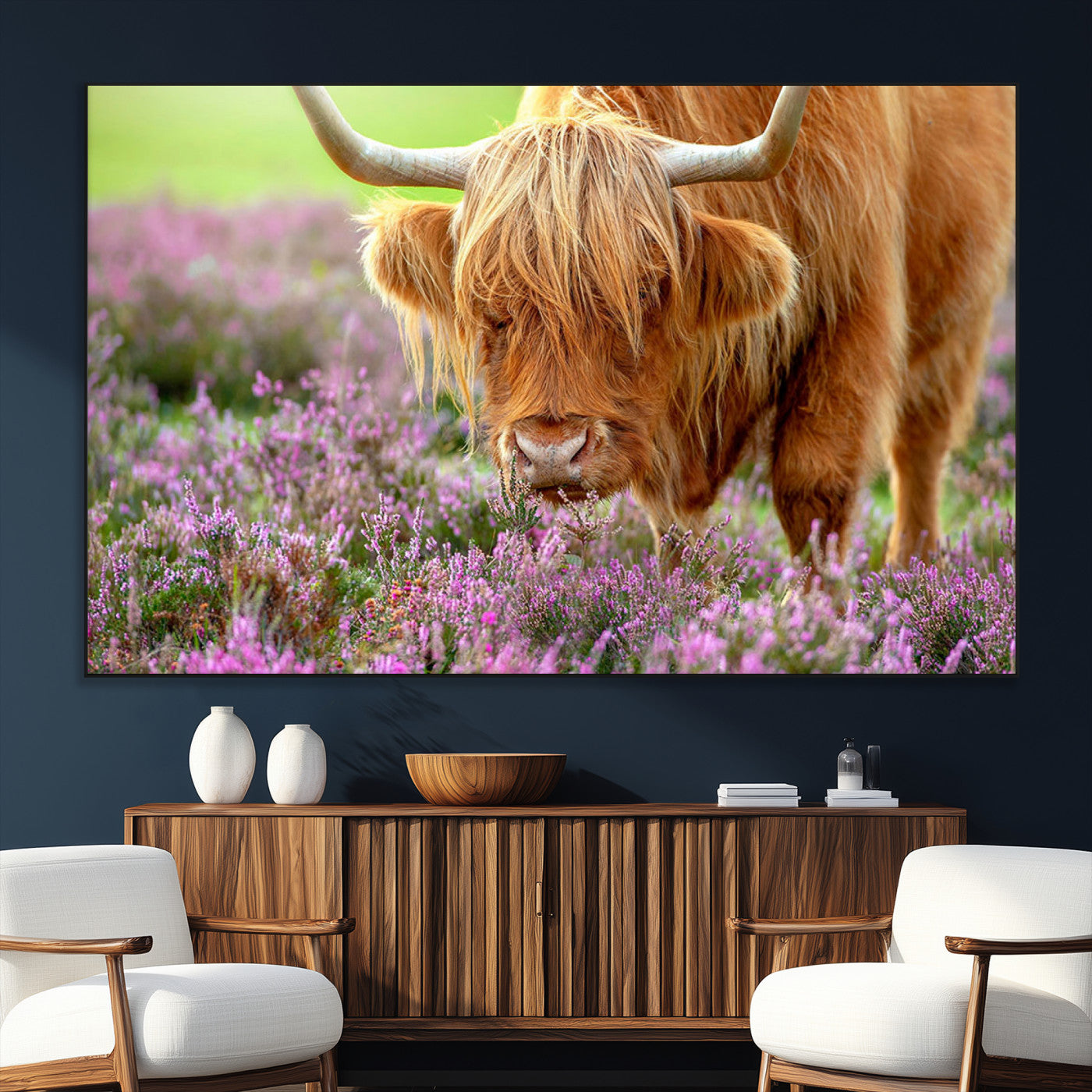 SEG-FC-51X34_Oversize - Highland Cow Purple Flowers Nature Pasture Scenic Wildlife Animal Grazing Meadow Calm Rustic Charm