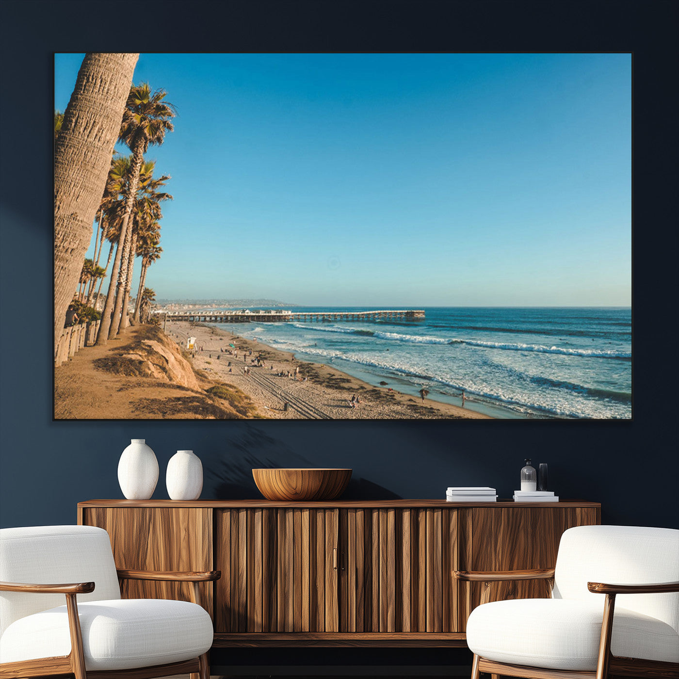 SEG-FC-51X34_Oversize - Scenic Beach with Tall Palm Trees, Sandy Shore, and Long Pier Stretching into the Calm Ocean Under