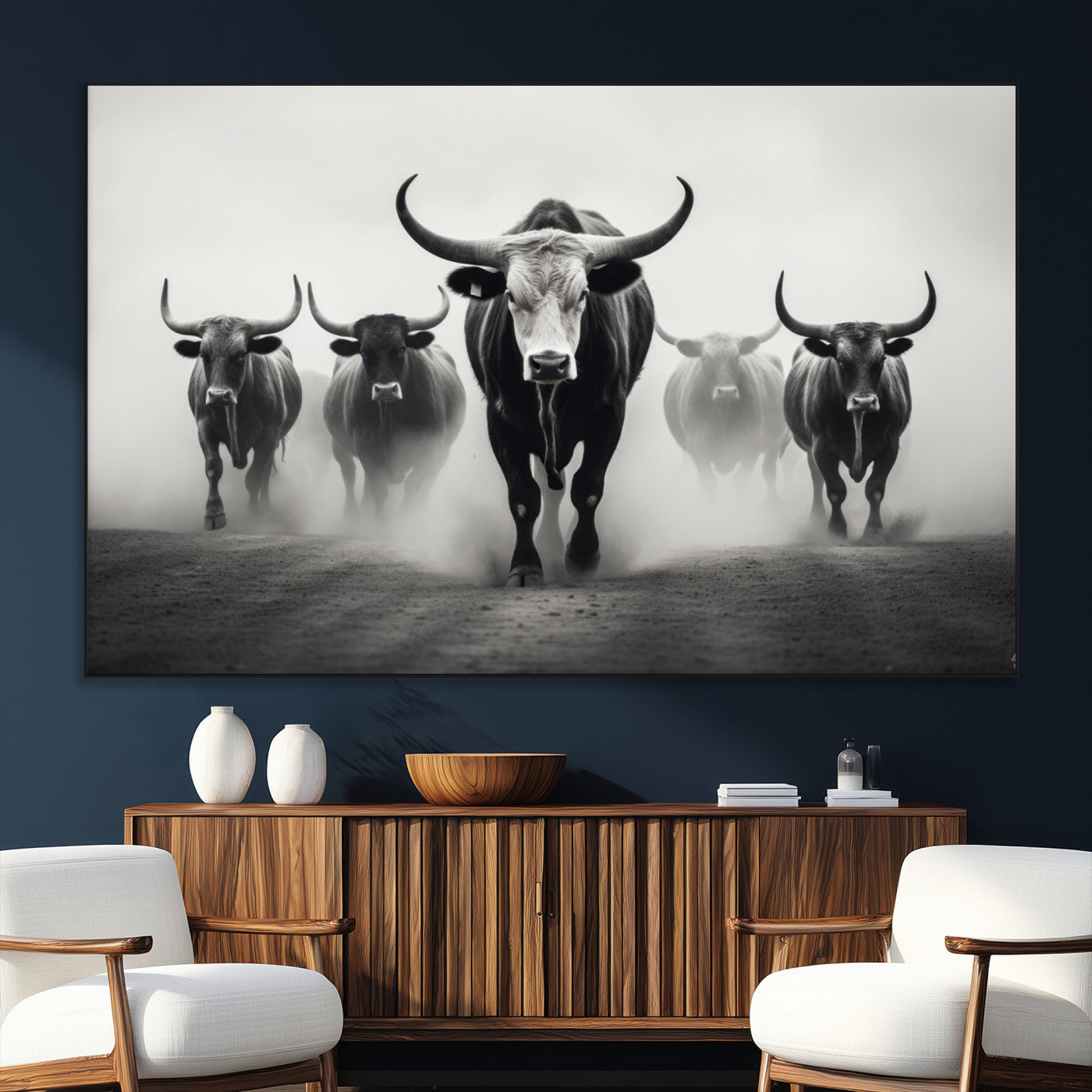 N34534C-SEG-FC-51X34_Oversize - Texas Bighorn Cow Hern Wall Art Canvas Print, Longhorn Cow Large Wall Art