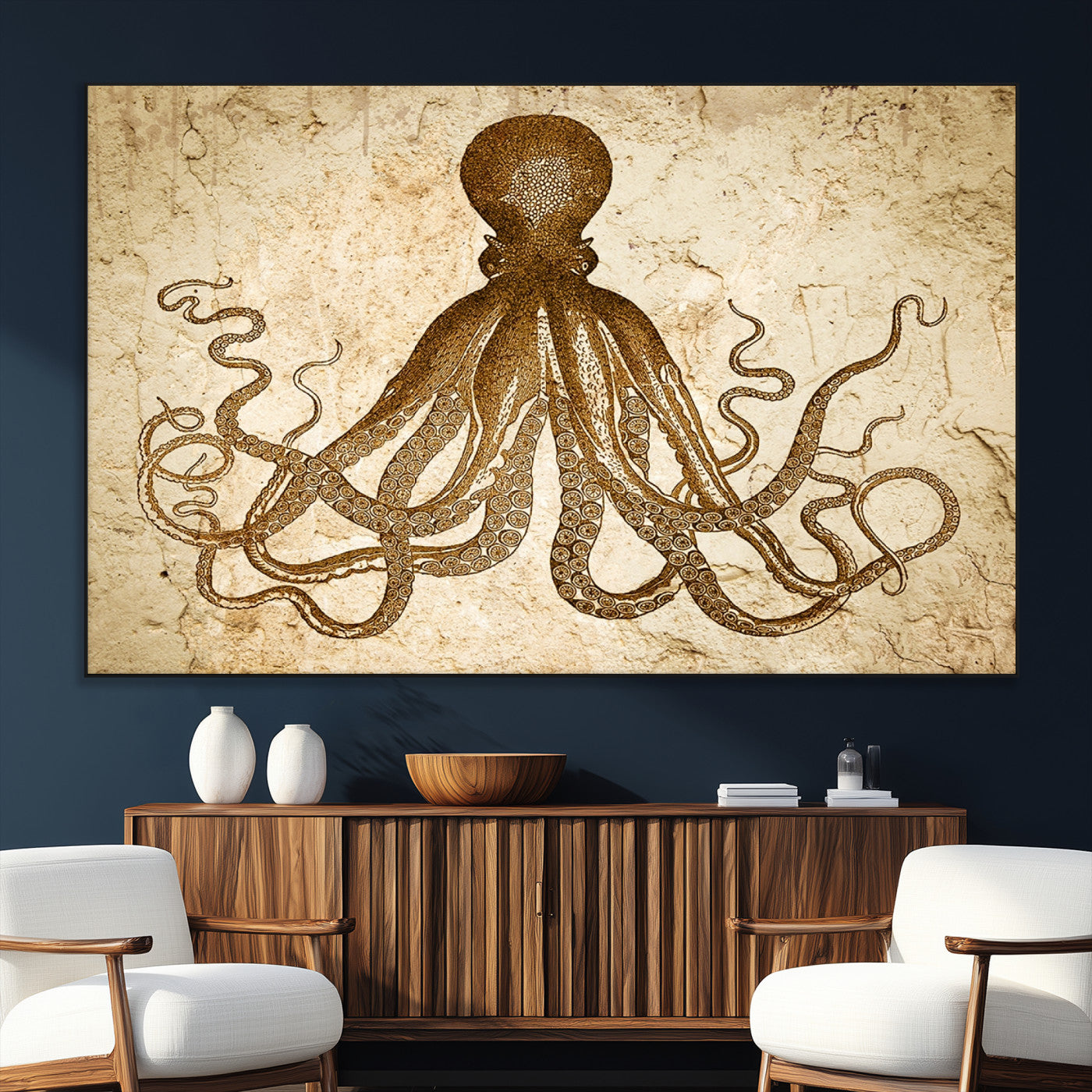 SEG-FC-51X34_Oversize - Sepia Octopus Wall Art Abstract Animal Canvas Print