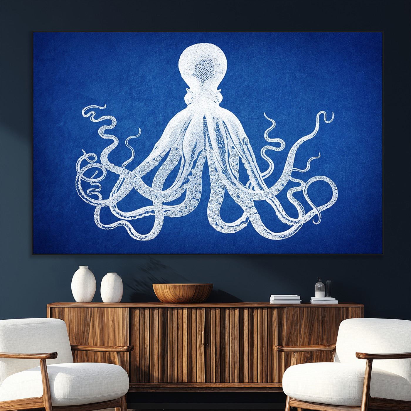 SEG-FC-51X34_Oversize - Large 3-Panel Blue Octopus Canvas Wall Art | Coastal Marine Life Artwork for Living Room, Bedroom,