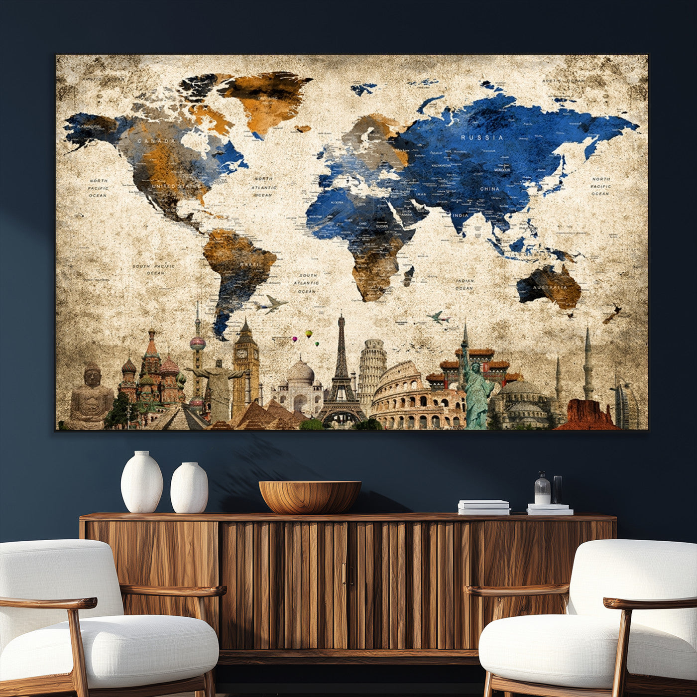 SEG-FC-51X34_Oversize - Push Pin World Map Canvas Print – Framed Wall Art for Couples to Track Their Travels – Anniversary