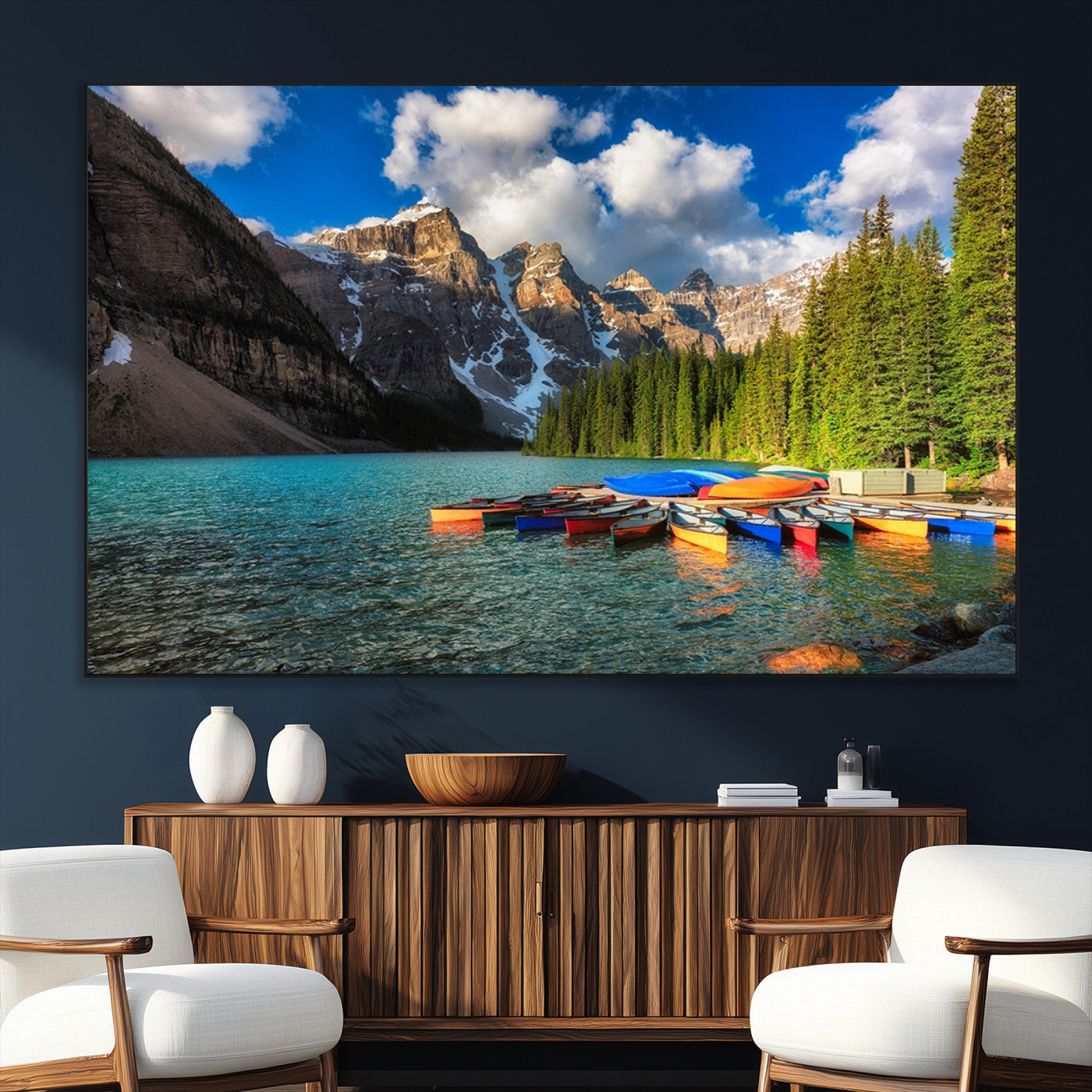 SEG-FC-51X34_Oversize - Moraine Lake 3-Panel Wall Art, Majestic Mountain and Lake Landscape Canvas Print Canoes on Moraine