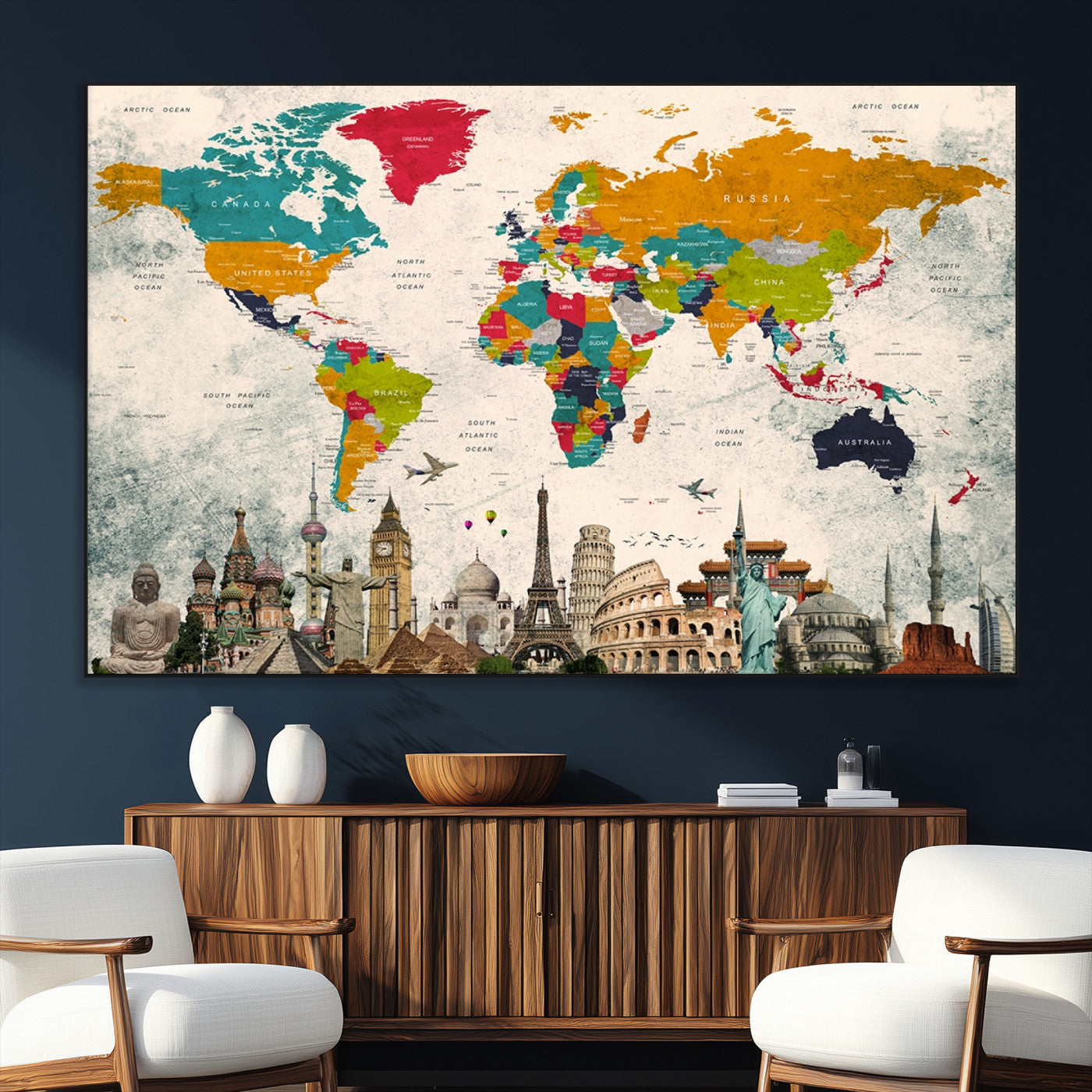 SEG-FC-51X34_Oversize - Push Pin World Map Canvas Print – Framed Wall Art for Couples to Track Their Travels – Anniversary