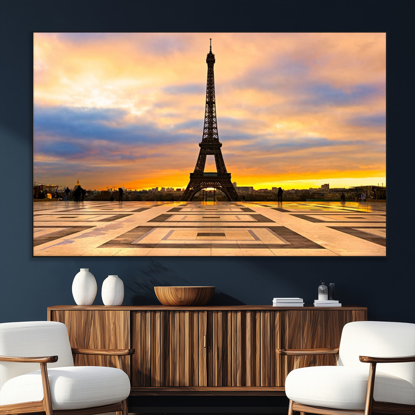 SEG-FC-51X34_Oversize - Paris Eiffel Tower Sunset Canvas Wall Art Print - Iconic Landmark Decor with Vibrant Colors